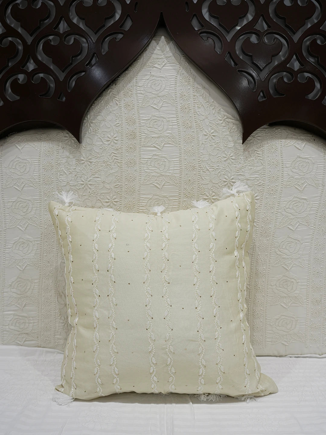 Ada Hand Embroidered Beige Chanderi Lucknowi Chikankari Cushion Cover With Mukaish Work 01A630904