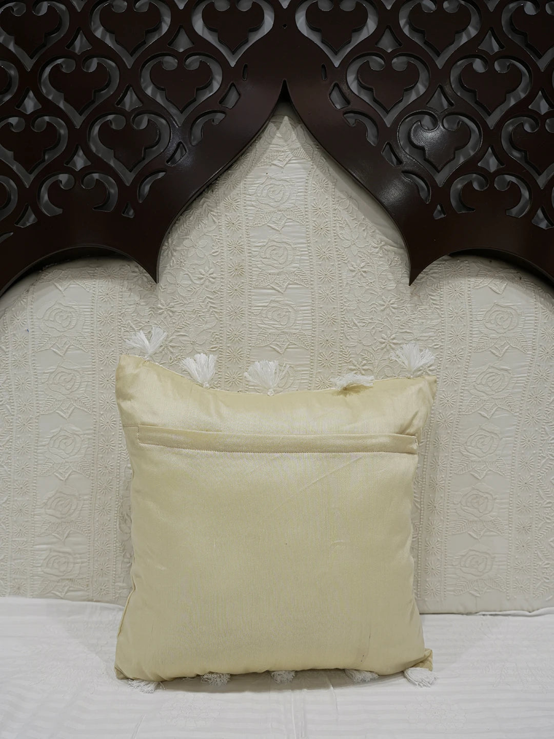 Ada Hand Embroidered Beige Chanderi Lucknowi Chikankari Cushion Cover With Mukaish Work 01A630904
