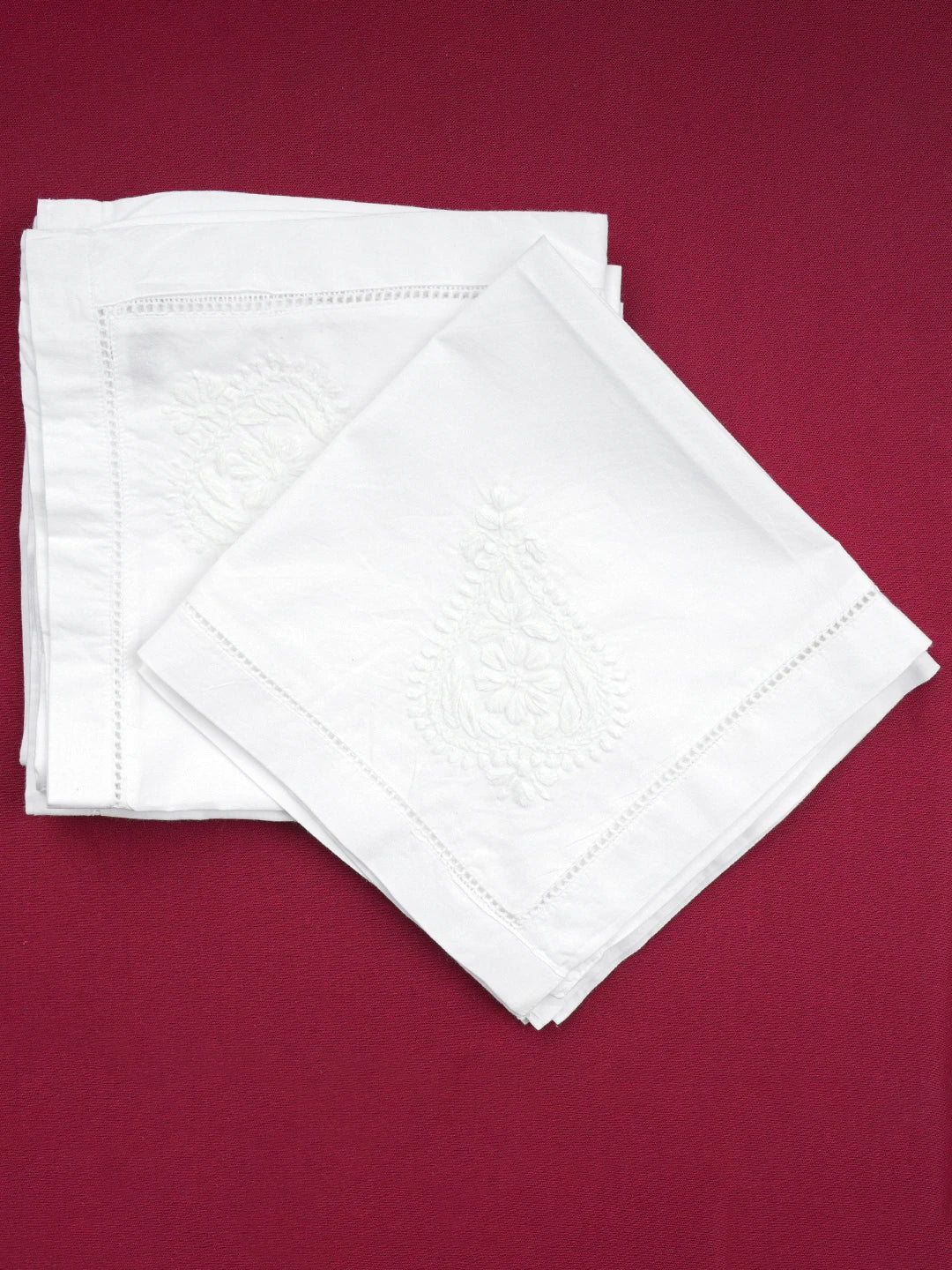 Ada Hand Embroidered White Cotton Lucknowi Chikan Napkin Set 01A614403