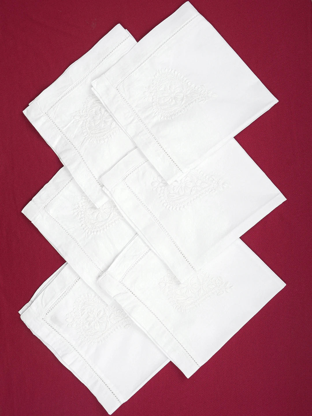 Ada Hand Embroidered White Cotton Lucknowi Chikan Napkin Set 01A614403