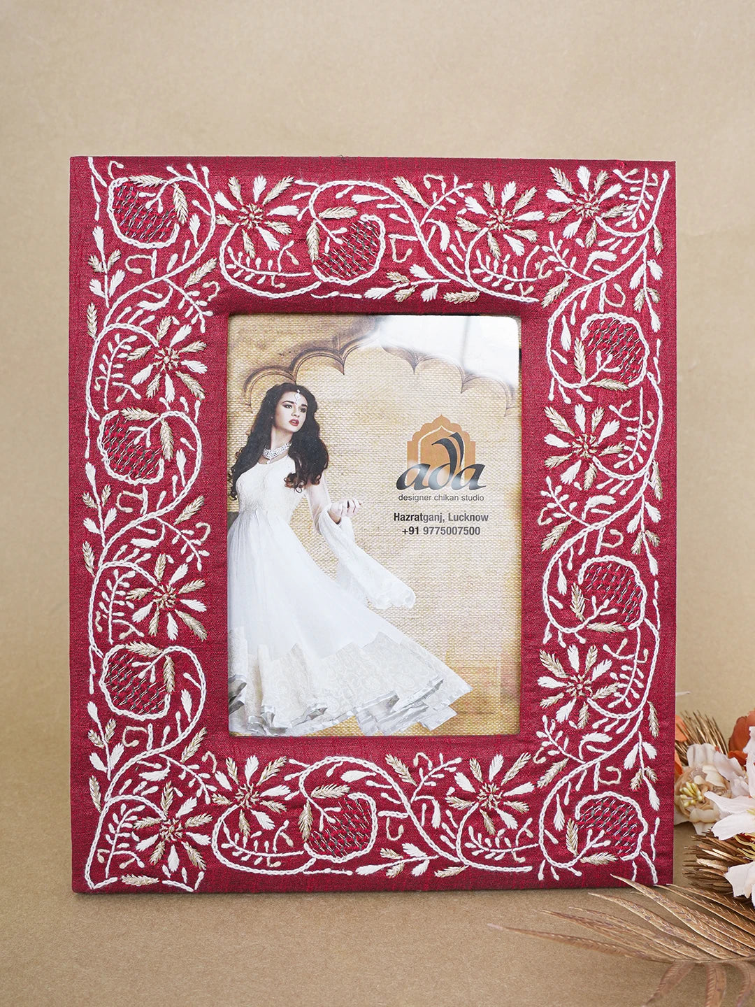 Ada Hand Embroidered Maroon Silk Lucknowi Chikankari Frame With Zari Work 01A643702