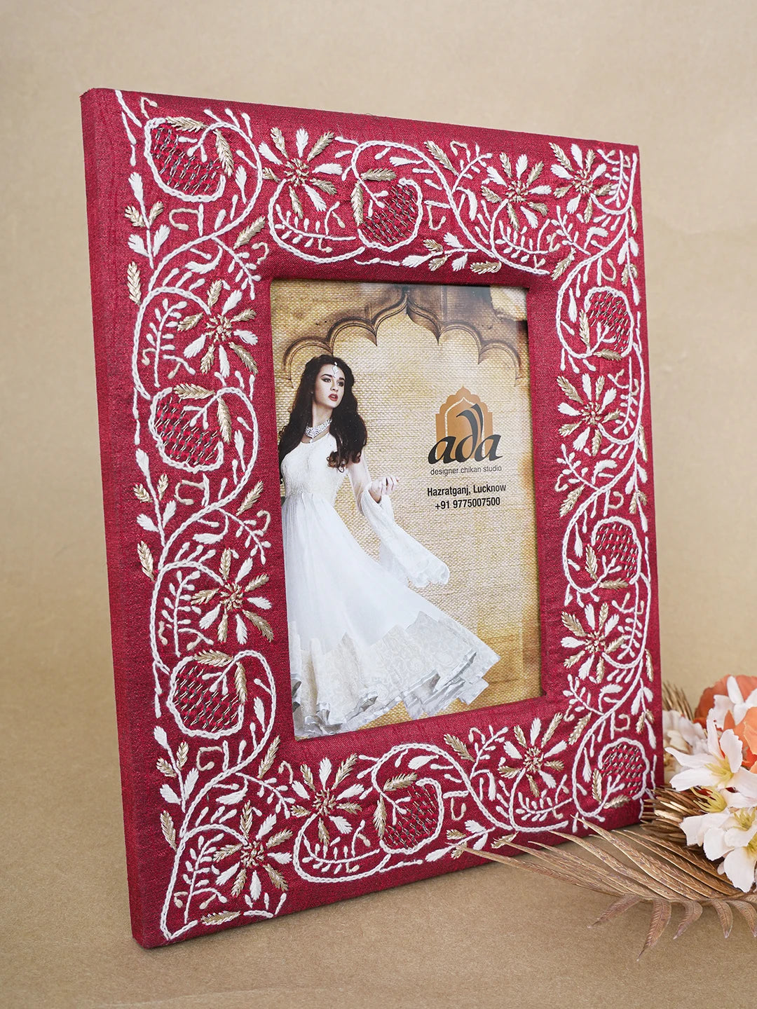Ada Hand Embroidered Maroon Silk Lucknowi Chikankari Frame With Zari Work 01A643702
