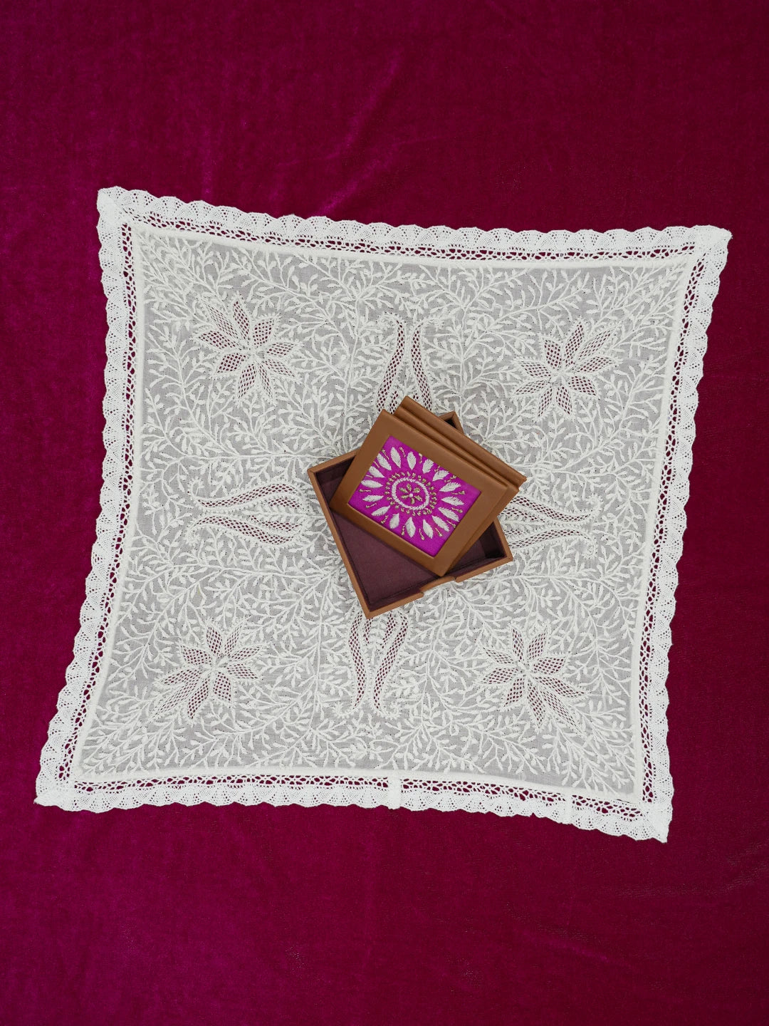 Ada Hand Embroidered White Cotton Lucknowi Chikan Napkin 01A629993