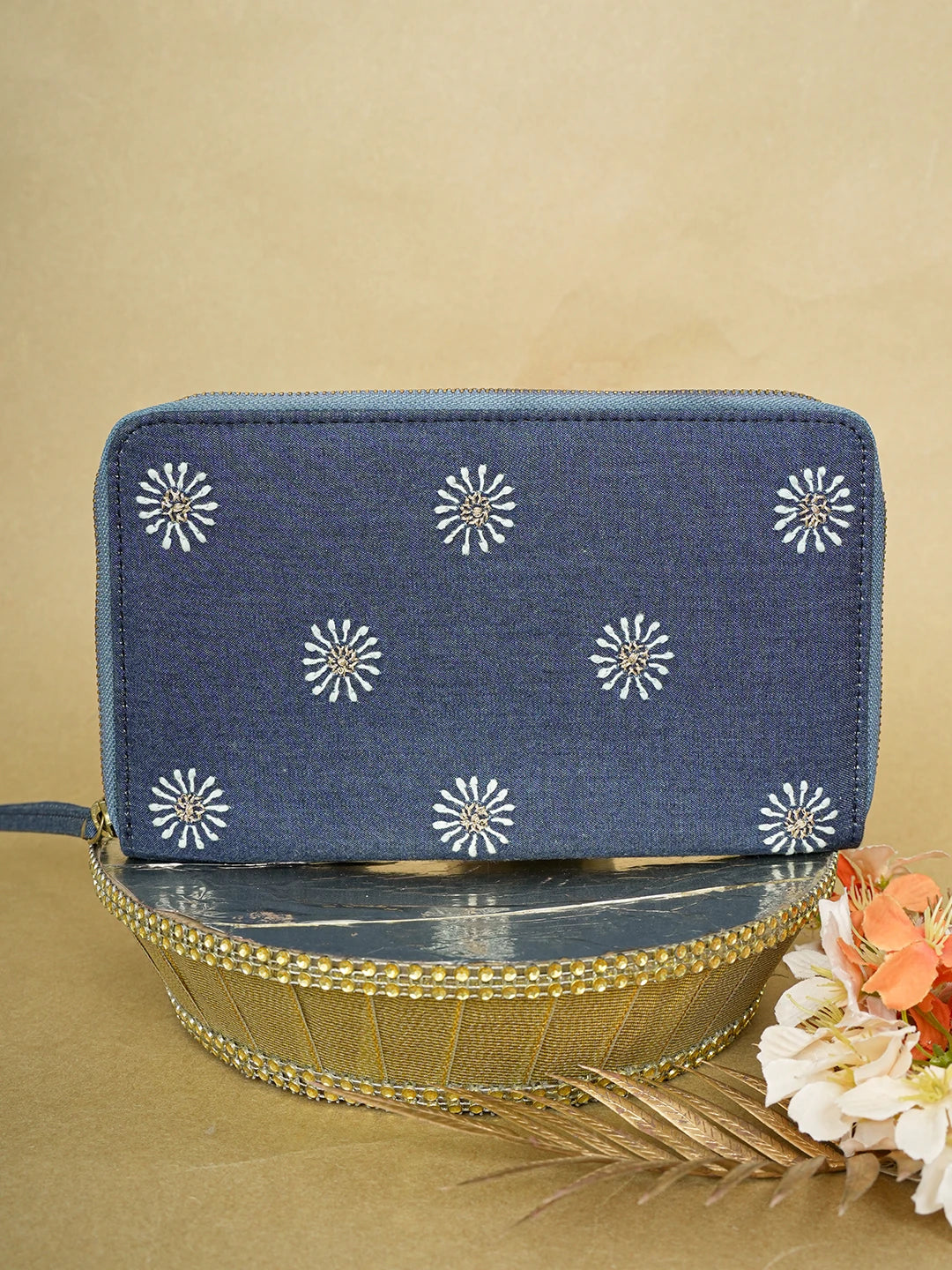 Ada Hand Embroidered Navy Blue Denim Lucknowi Chikankari Wallet With Zari Work 01A639251