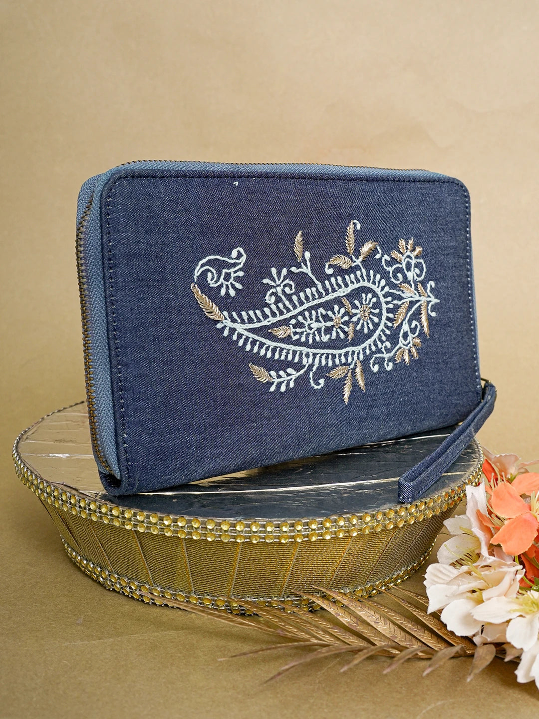 Ada Hand Embroidered Navy Blue Denim Lucknowi Chikankari Wallet With Zari Work 01A639251