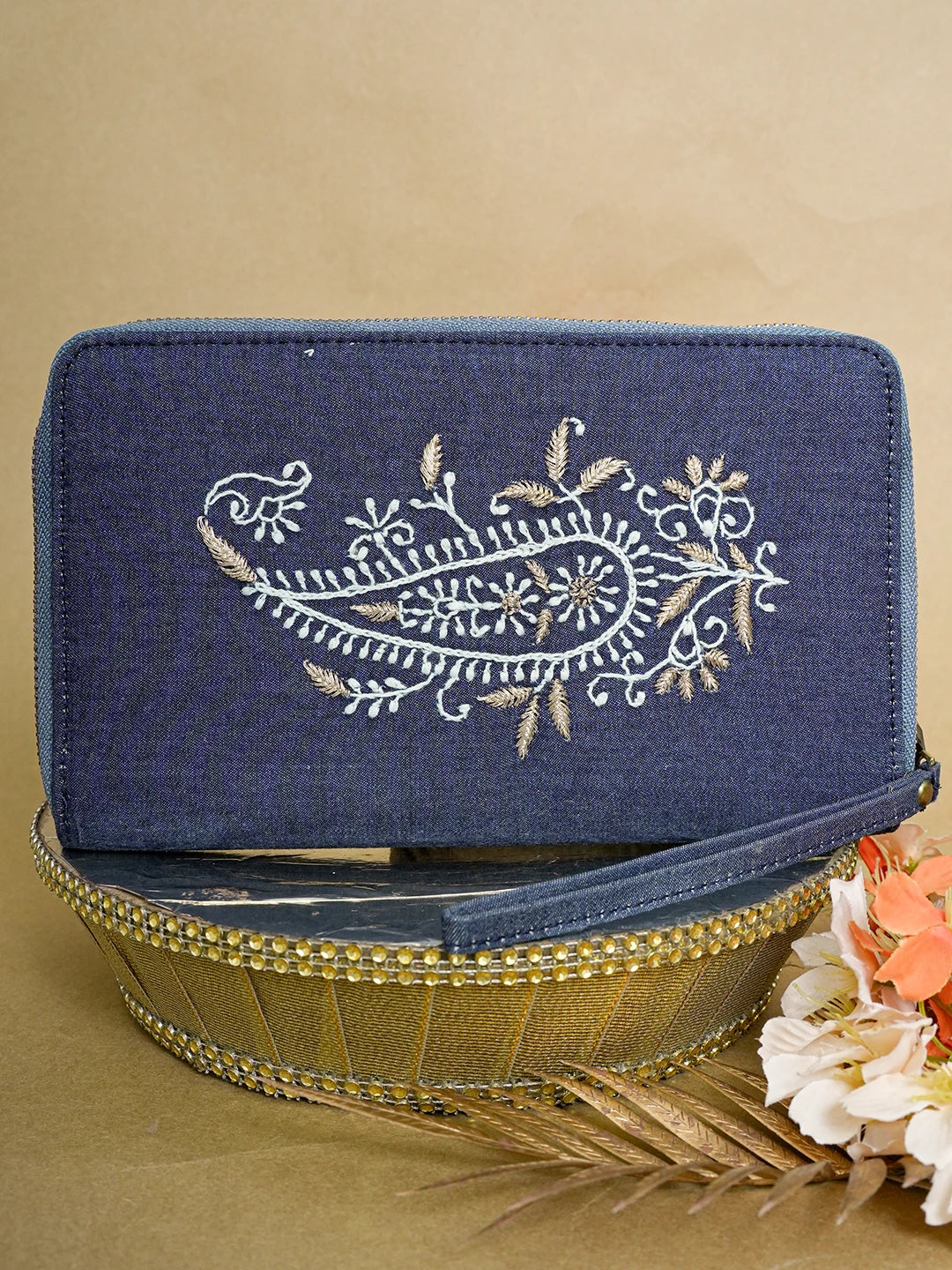 Ada Hand Embroidered Navy Blue Denim Lucknowi Chikankari Wallet With Zari Work 01A639251