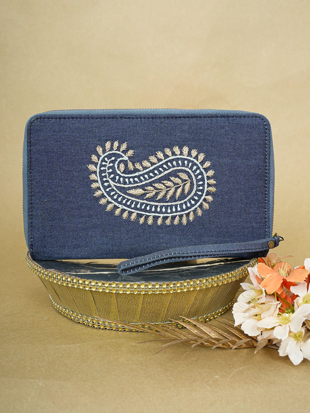 Ada Hand Embroidered Navy Blue Denim Lucknowi Chikankari Wallet With Zari Work 01A642038