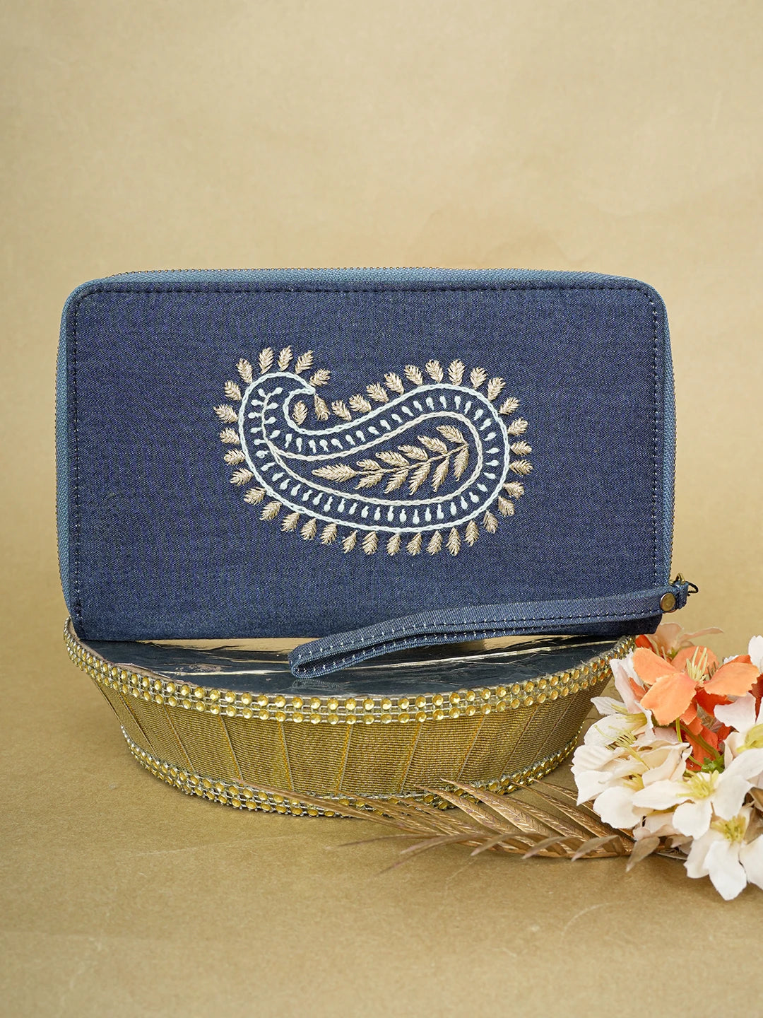 Ada Hand Embroidered Navy Blue Denim Lucknowi Chikankari Wallet With Zari Work 01A642038