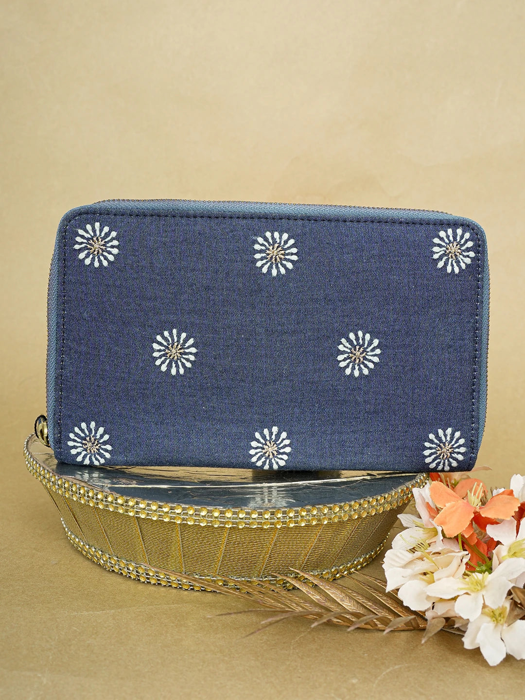 Ada Hand Embroidered Navy Blue Denim Lucknowi Chikankari Wallet With Zari Work 01A642038