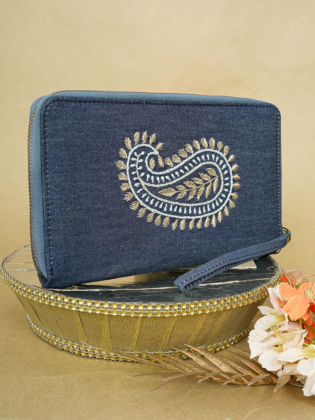 Ada Hand Embroidered Navy Blue Denim Lucknowi Chikankari Wallet With Zari Work 01A642038