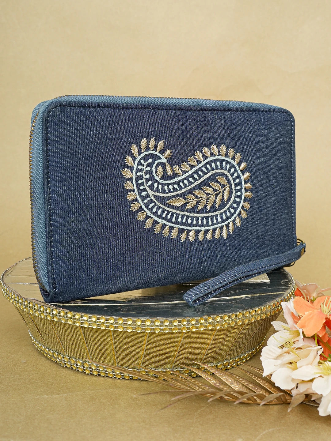 Ada Hand Embroidered Navy Blue Denim Lucknowi Chikankari Wallet With Zari Work 01A642038