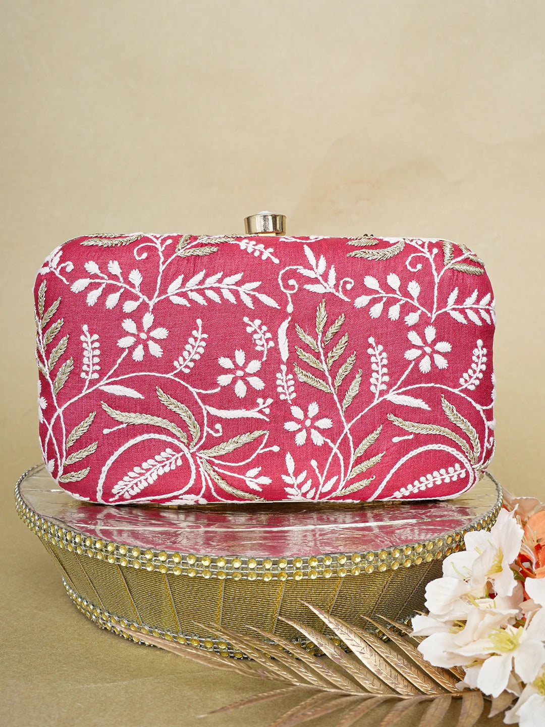 Ada Hand Embroidered Maroon Silk Lucknowi Chikankari Clutch With Zari Work 01A649318
