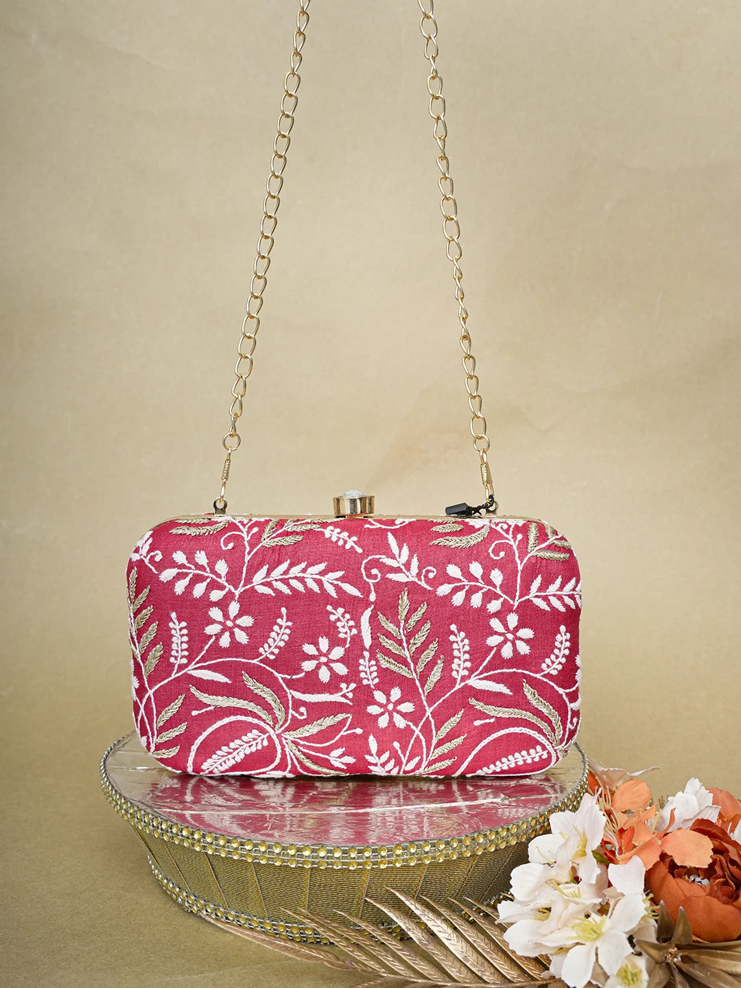 Ada Hand Embroidered Maroon Silk Lucknowi Chikankari Clutch With Zari Work 01A649318