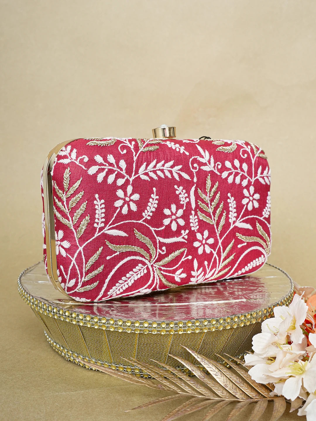 Ada Hand Embroidered Maroon Silk Lucknowi Chikankari Clutch With Zari Work 01A649318