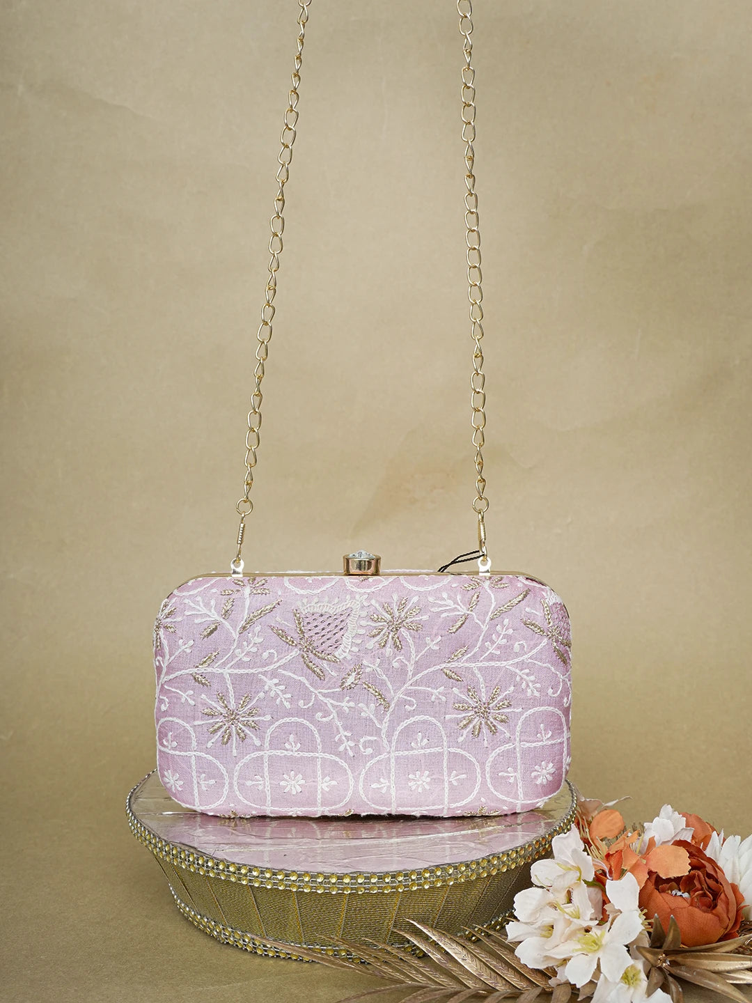 Ada Hand Embroidered Pink Silk Lucknowi Chikankari Clutch With Zari Work 01A649313