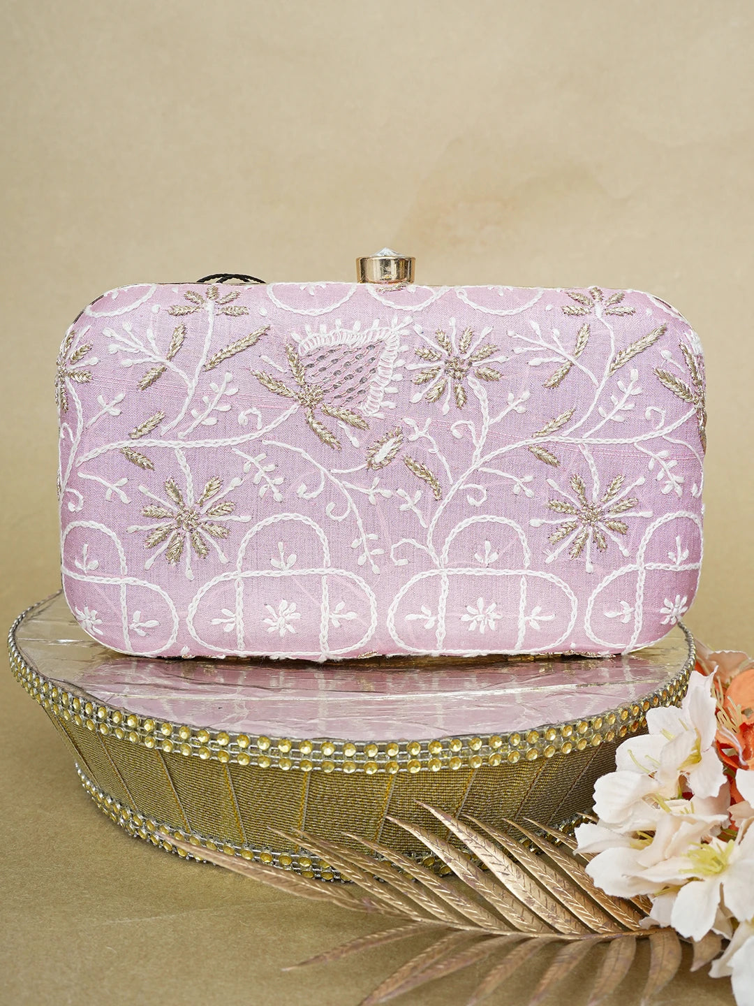 Ada Hand Embroidered Pink Silk Lucknowi Chikankari Clutch With Zari Work 01A649313