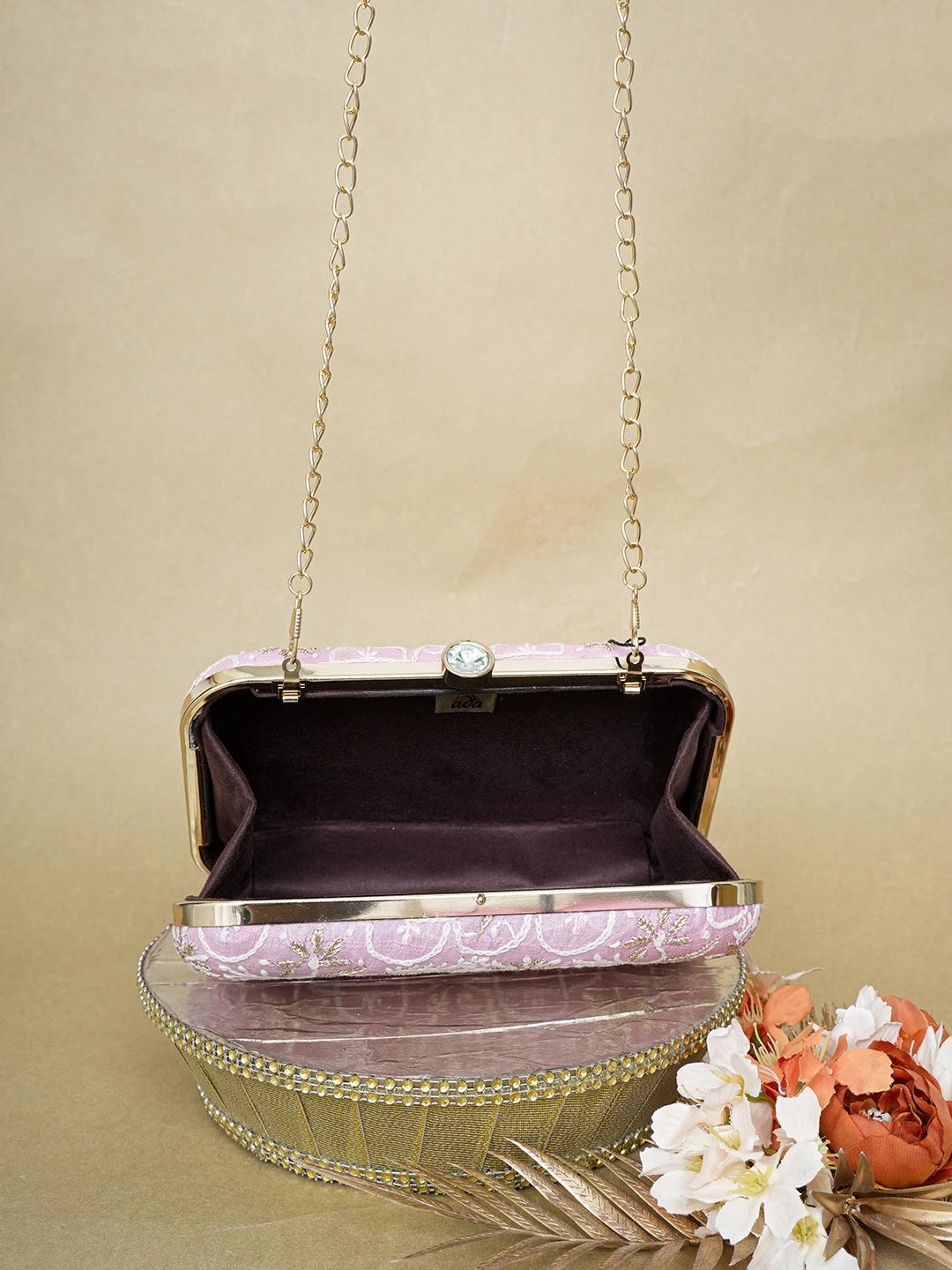 Ada Hand Embroidered Pink Silk Lucknowi Chikankari Clutch With Zari Work 01A649313