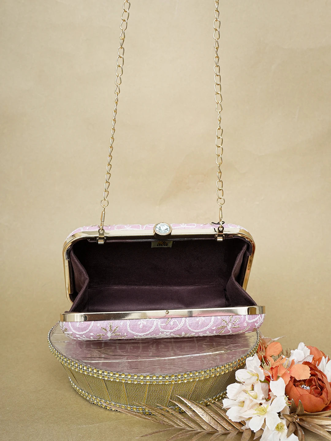 Ada Hand Embroidered Pink Silk Lucknowi Chikankari Clutch With Zari Work 01A649313