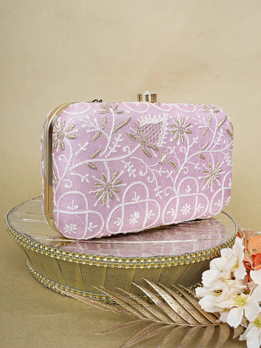Ada Hand Embroidered Pink Silk Lucknowi Chikankari Clutch With Zari Work 01A649313