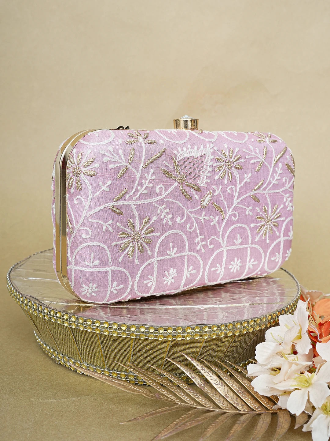 Ada Hand Embroidered Pink Silk Lucknowi Chikankari Clutch With Zari Work 01A649313