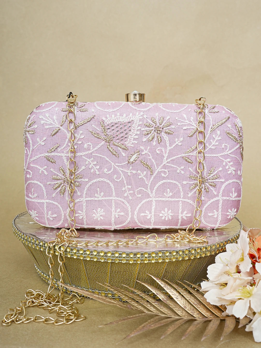 Ada Hand Embroidered Pink Silk Lucknowi Chikankari Clutch With Zari Work 01A649313