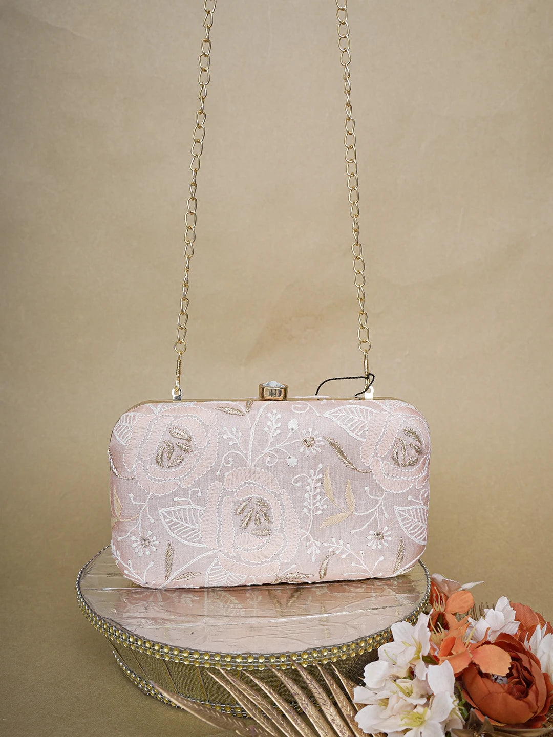 Ada Hand Embroidered Peach Silk Lucknowi Chikankari Clutch With Zari Work 01A649315