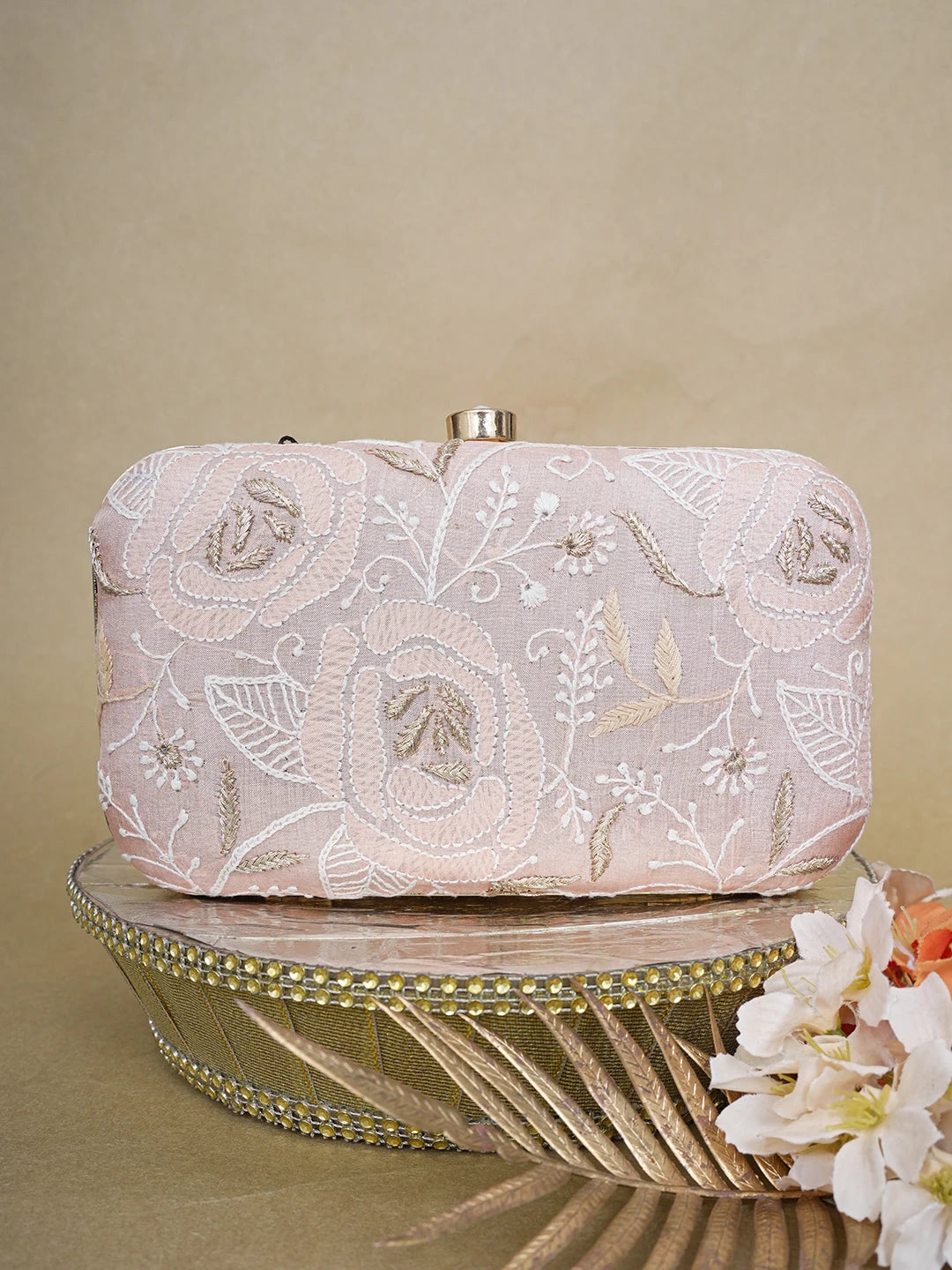 Ada Hand Embroidered Peach Silk Lucknowi Chikankari Clutch With Zari Work 01A649315