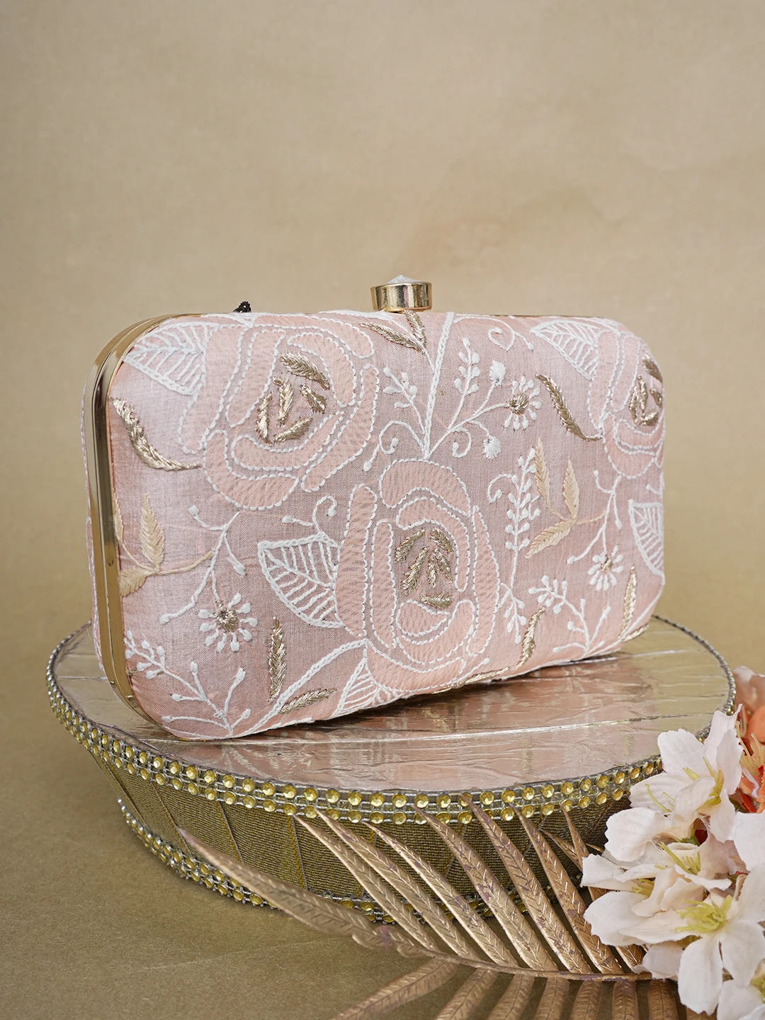 Ada Hand Embroidered Peach Silk Lucknowi Chikankari Clutch With Zari Work 01A649315