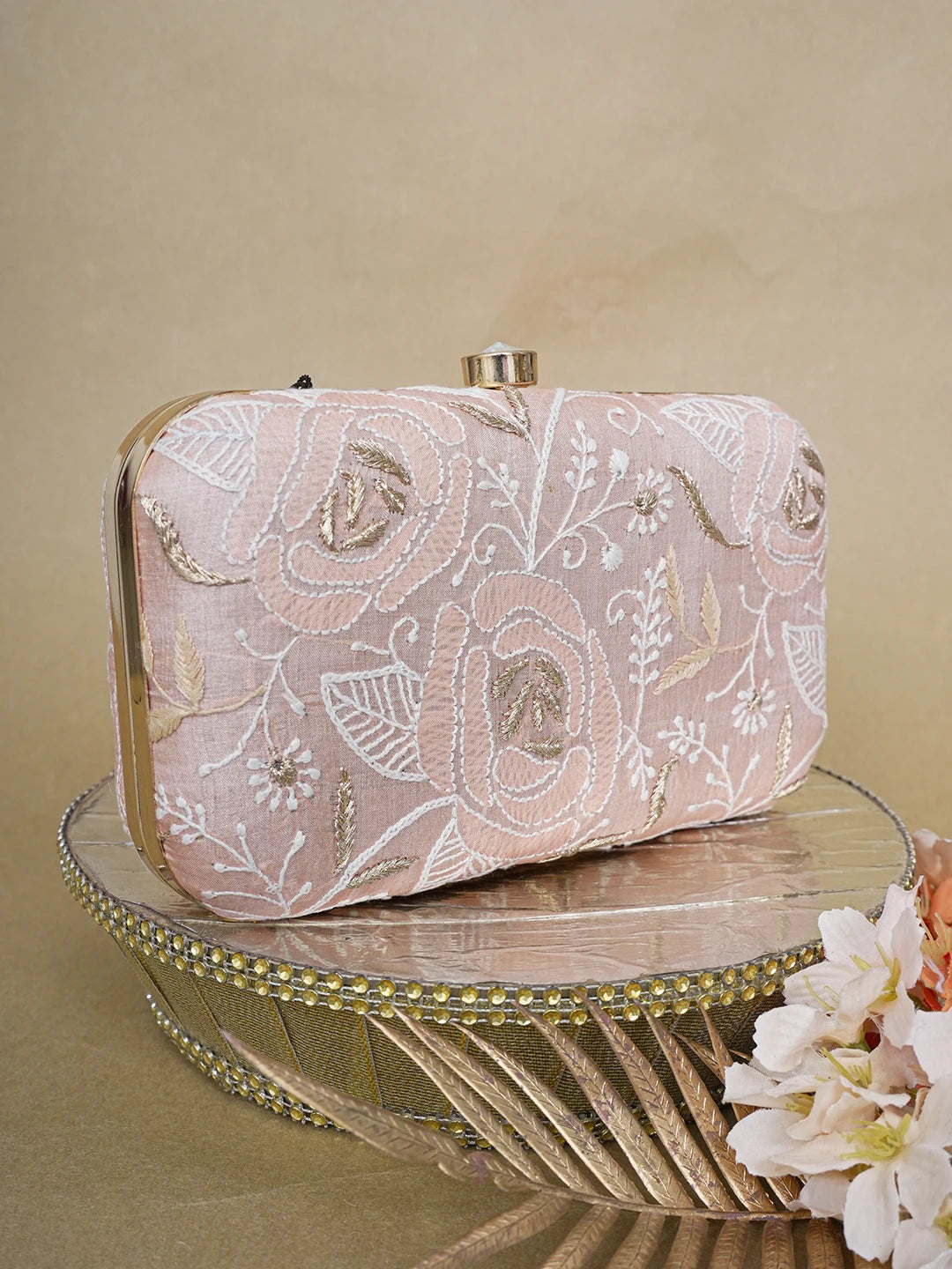 Ada Hand Embroidered Peach Silk Lucknowi Chikankari Clutch With Zari Work 01A649315