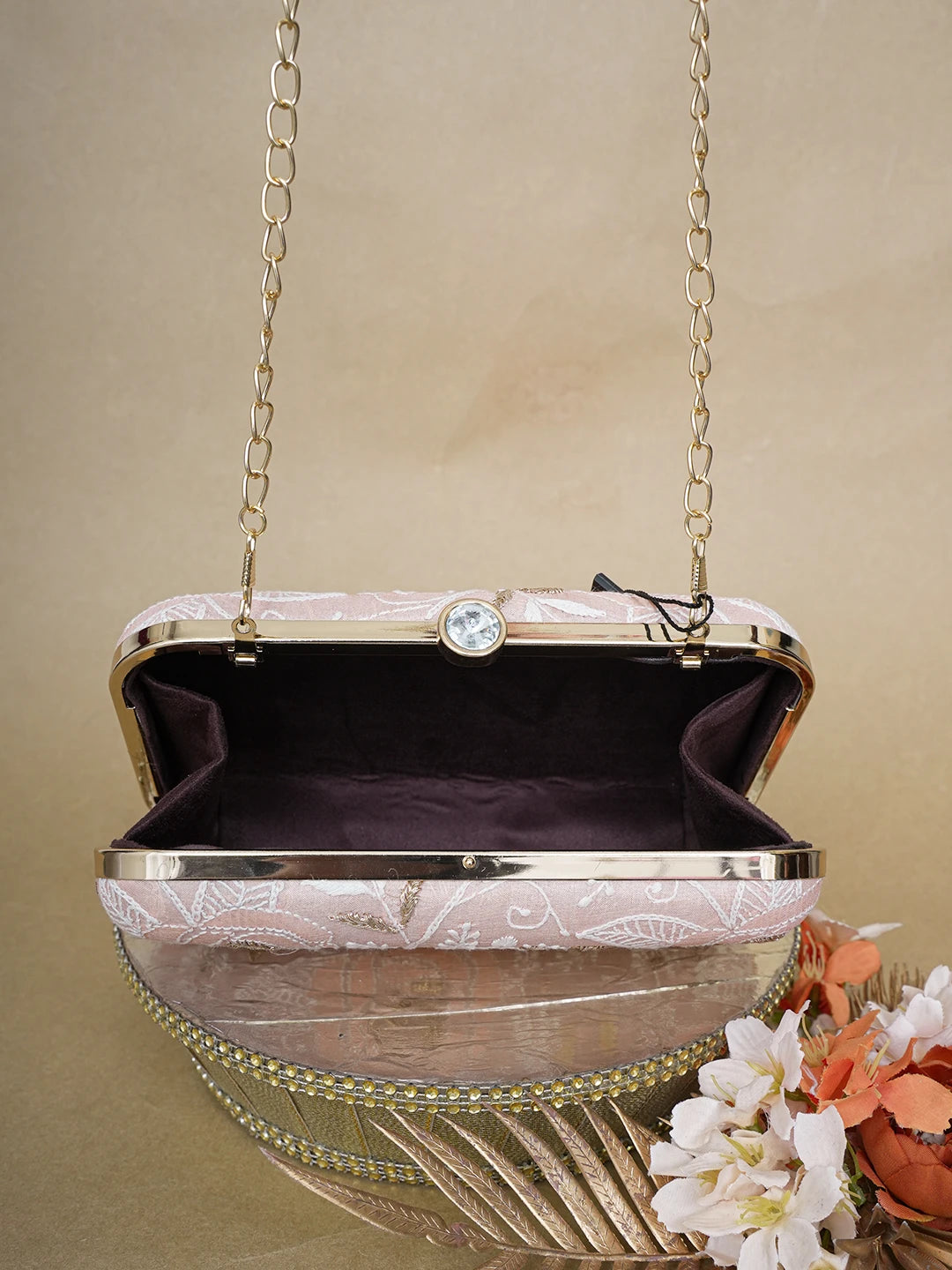 Ada Hand Embroidered Peach Silk Lucknowi Chikankari Clutch With Zari Work 01A649315