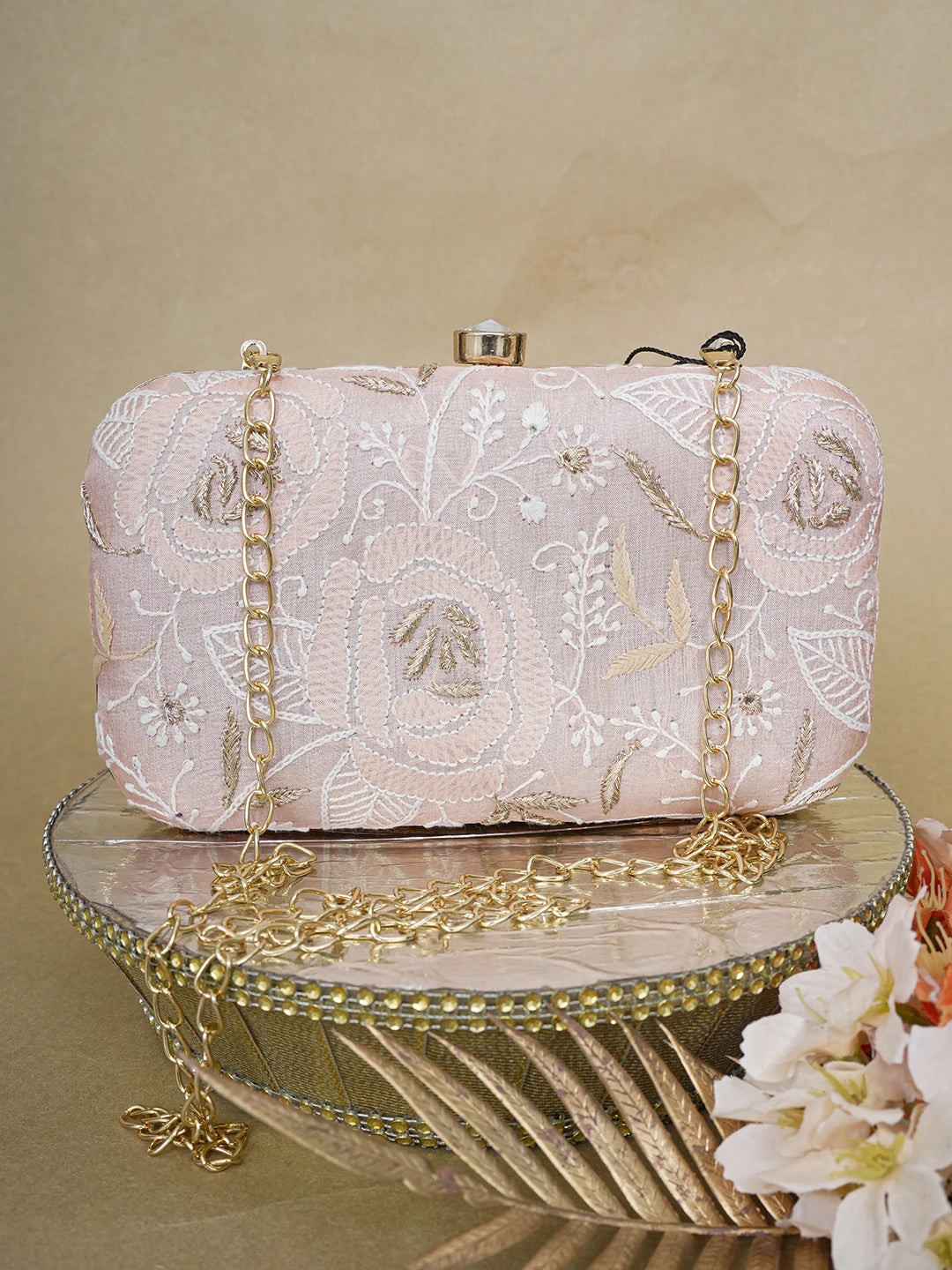 Ada Hand Embroidered Peach Silk Lucknowi Chikankari Clutch With Zari Work 01A649315