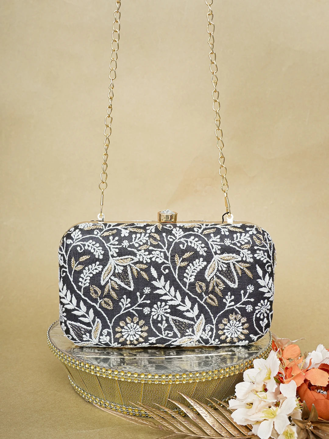 Ada Hand Embroidered Black Silk Lucknowi Chikankari Clutch With Zari Work 01A649304