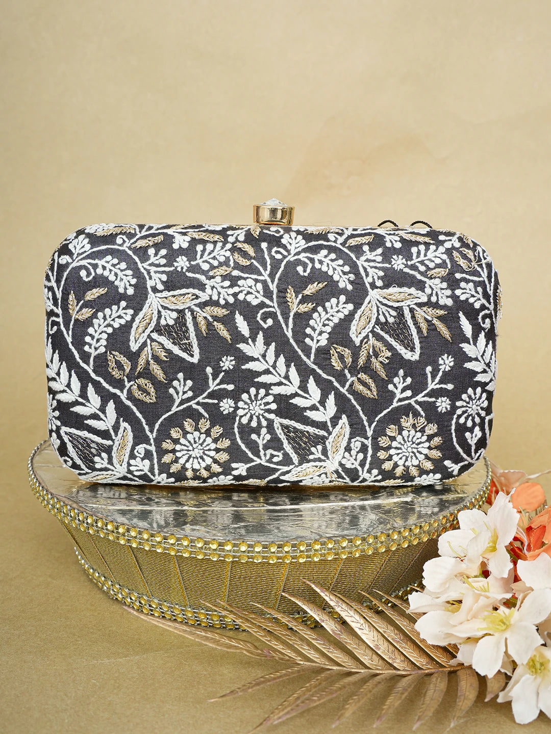 Ada Hand Embroidered Black Silk Lucknowi Chikankari Clutch With Zari Work 01A649304