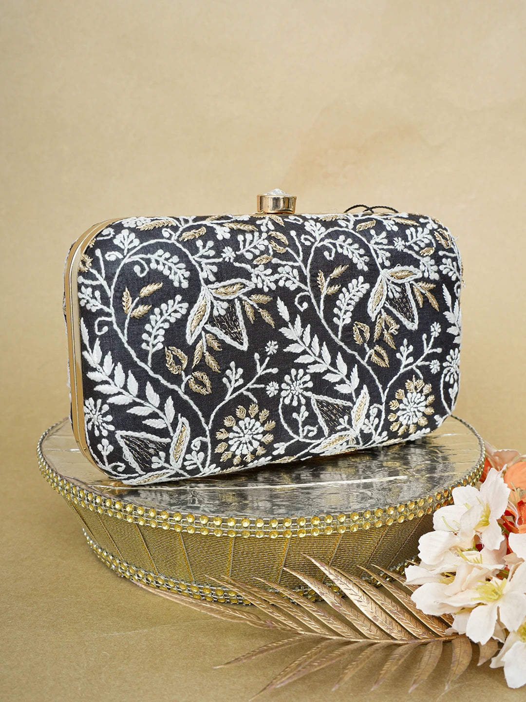 Ada Hand Embroidered Black Silk Lucknowi Chikankari Clutch With Zari Work 01A649304