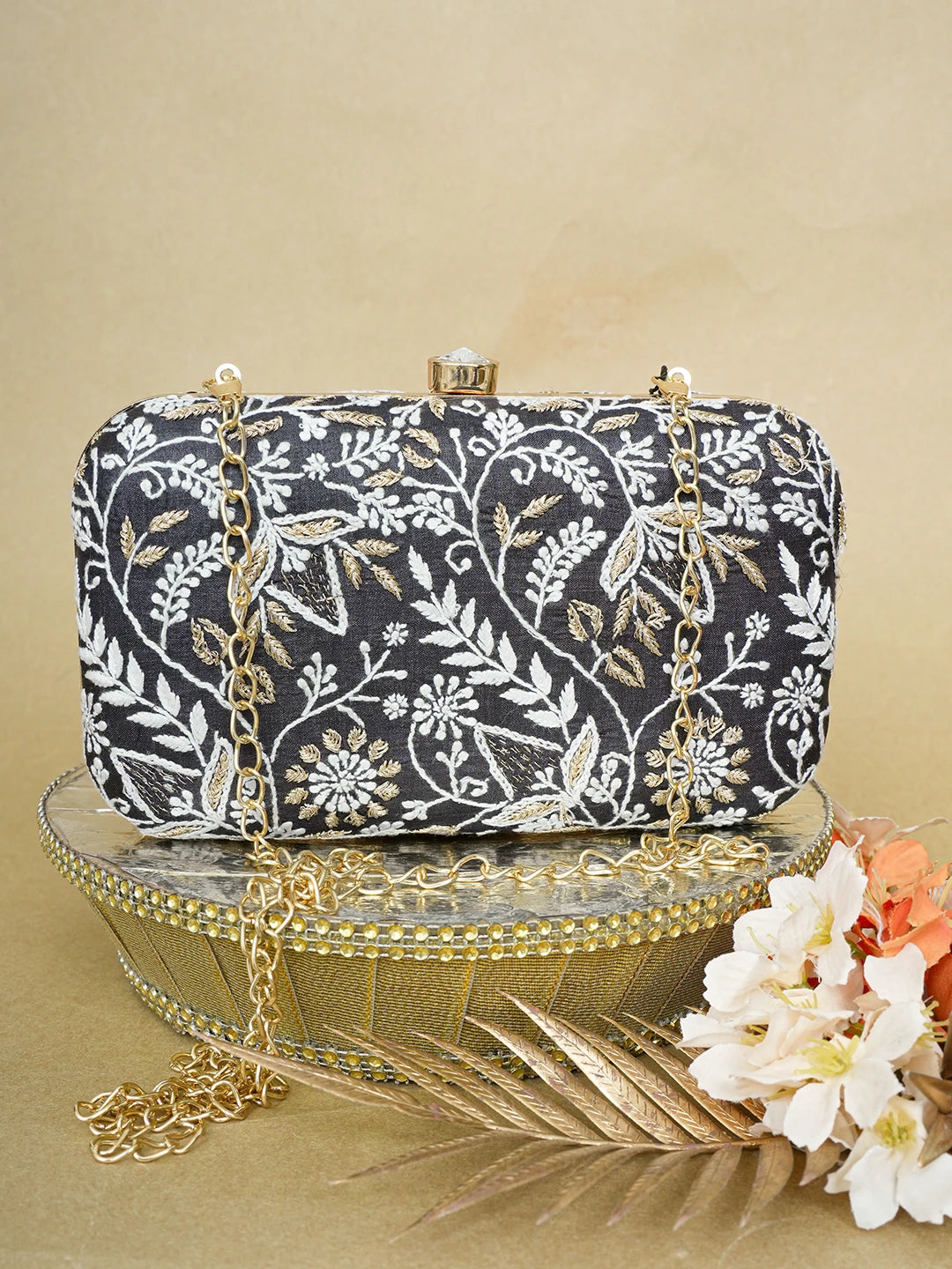 Ada Hand Embroidered Black Silk Lucknowi Chikankari Clutch With Zari Work 01A649304