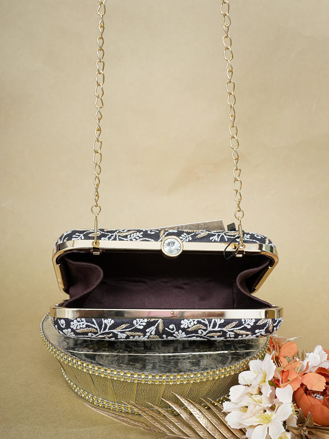 Ada Hand Embroidered Black Silk Lucknowi Chikankari Clutch With Zari Work 01A649304