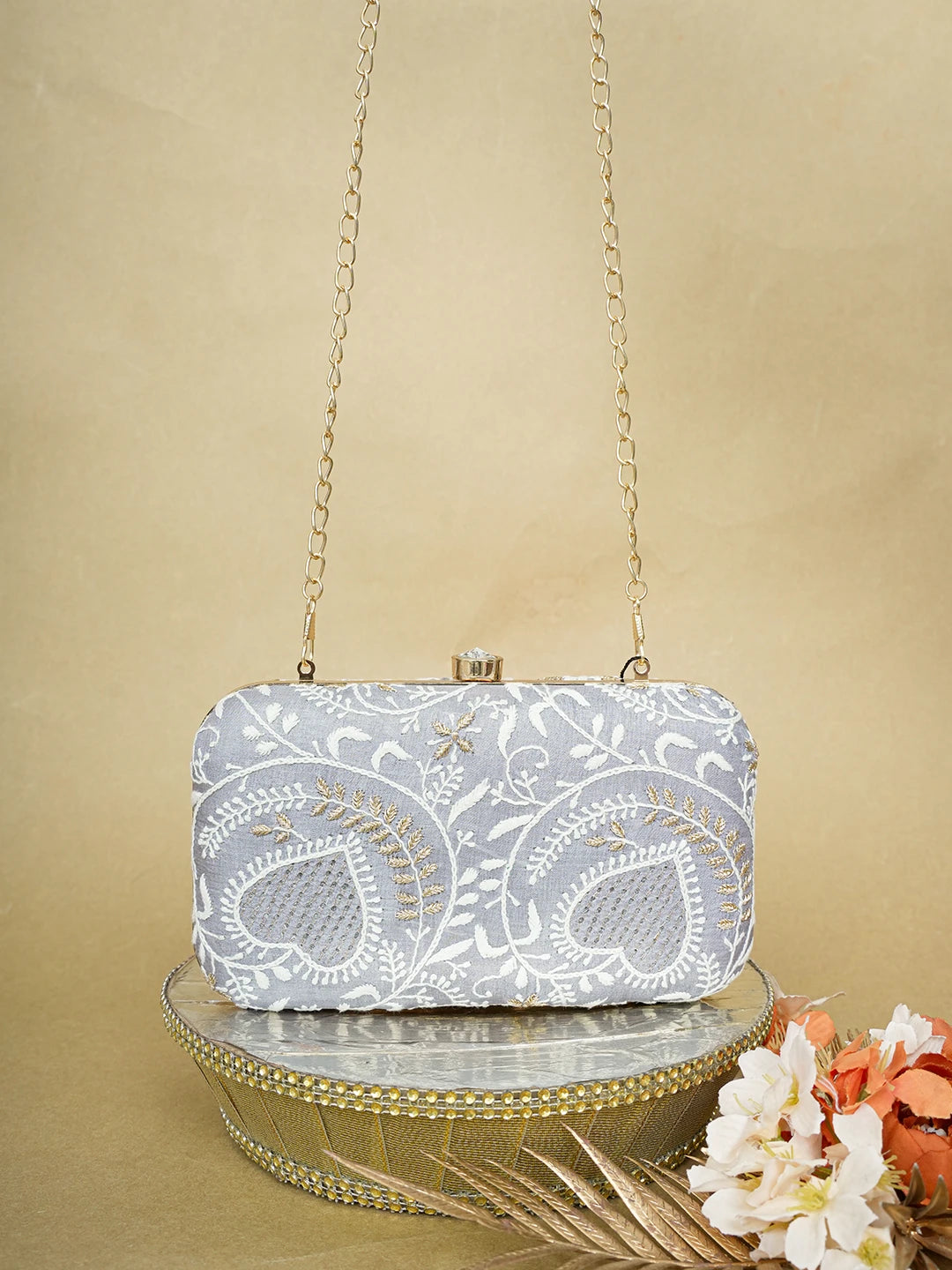 Ada Hand Embroidered Grey Silk Lucknowi Chikankari Clutch With Zari Work 01A649306