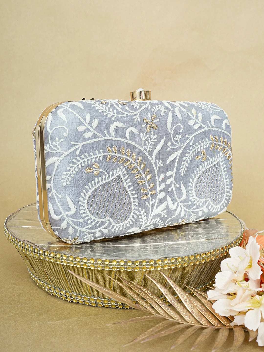 Ada Hand Embroidered Grey Silk Lucknowi Chikankari Clutch With Zari Work 01A649306