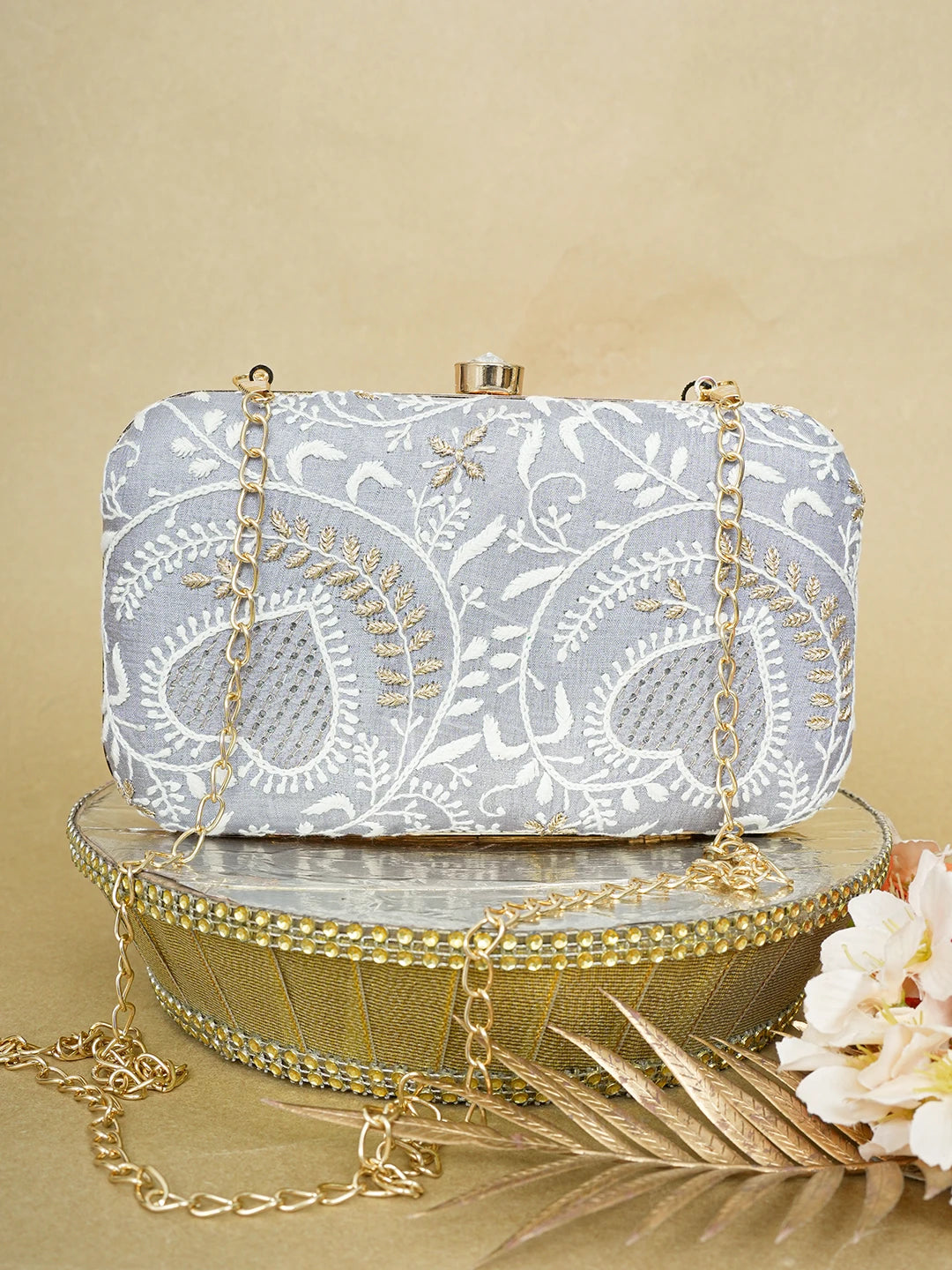 Ada Hand Embroidered Grey Silk Lucknowi Chikankari Clutch With Zari Work 01A649306