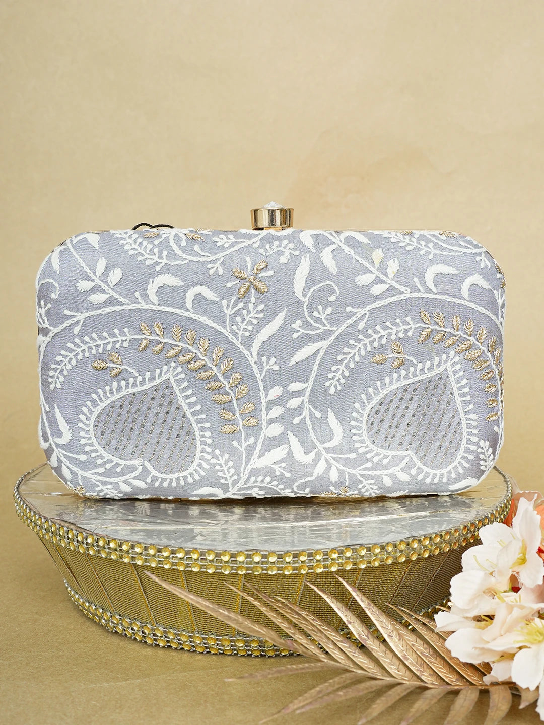 Ada Hand Embroidered Grey Silk Lucknowi Chikankari Clutch With Zari Work 01A649306