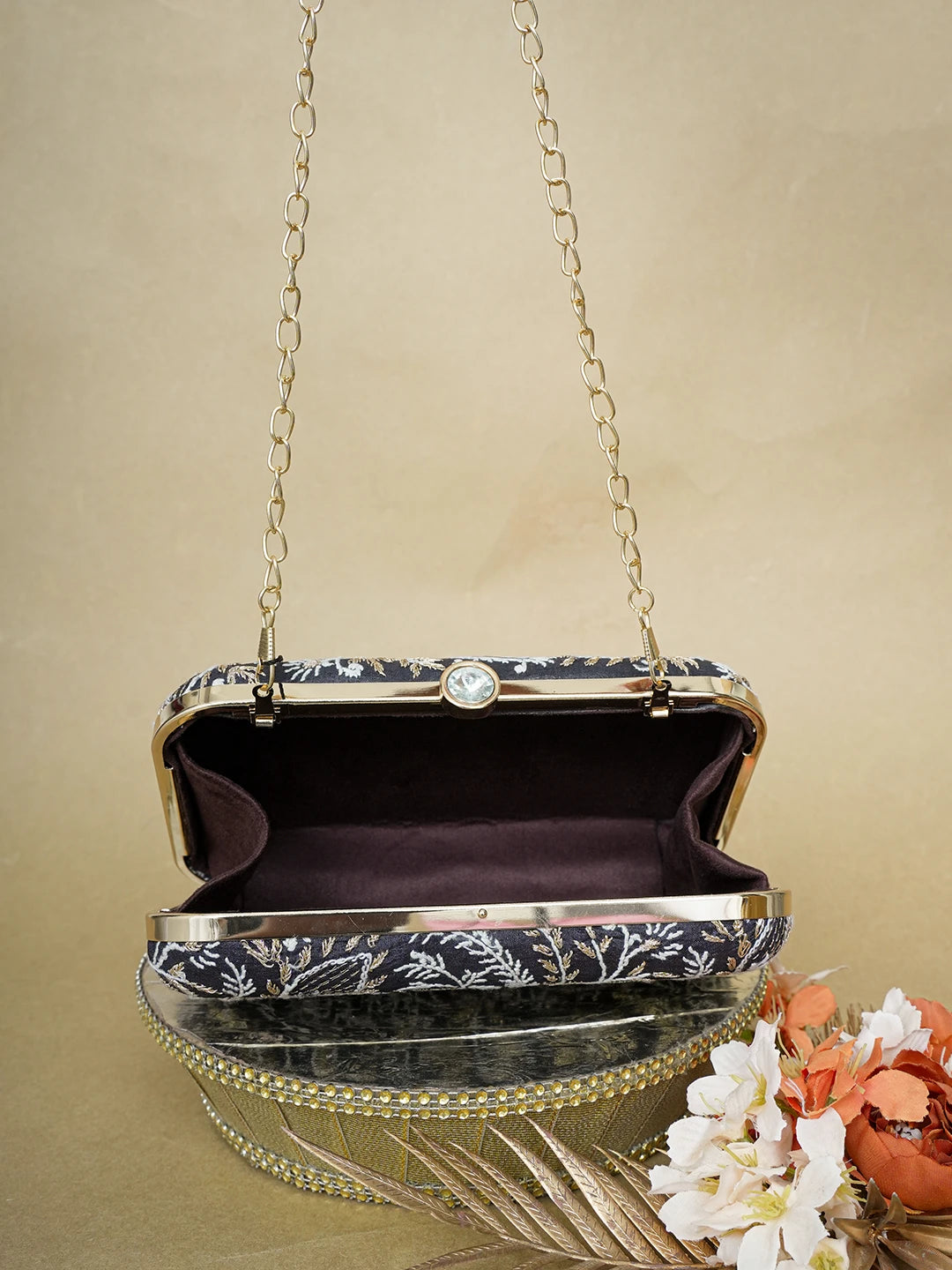 Ada Hand Embroidered Black Silk Lucknowi Chikankari Clutch With Zari Work 01A649305