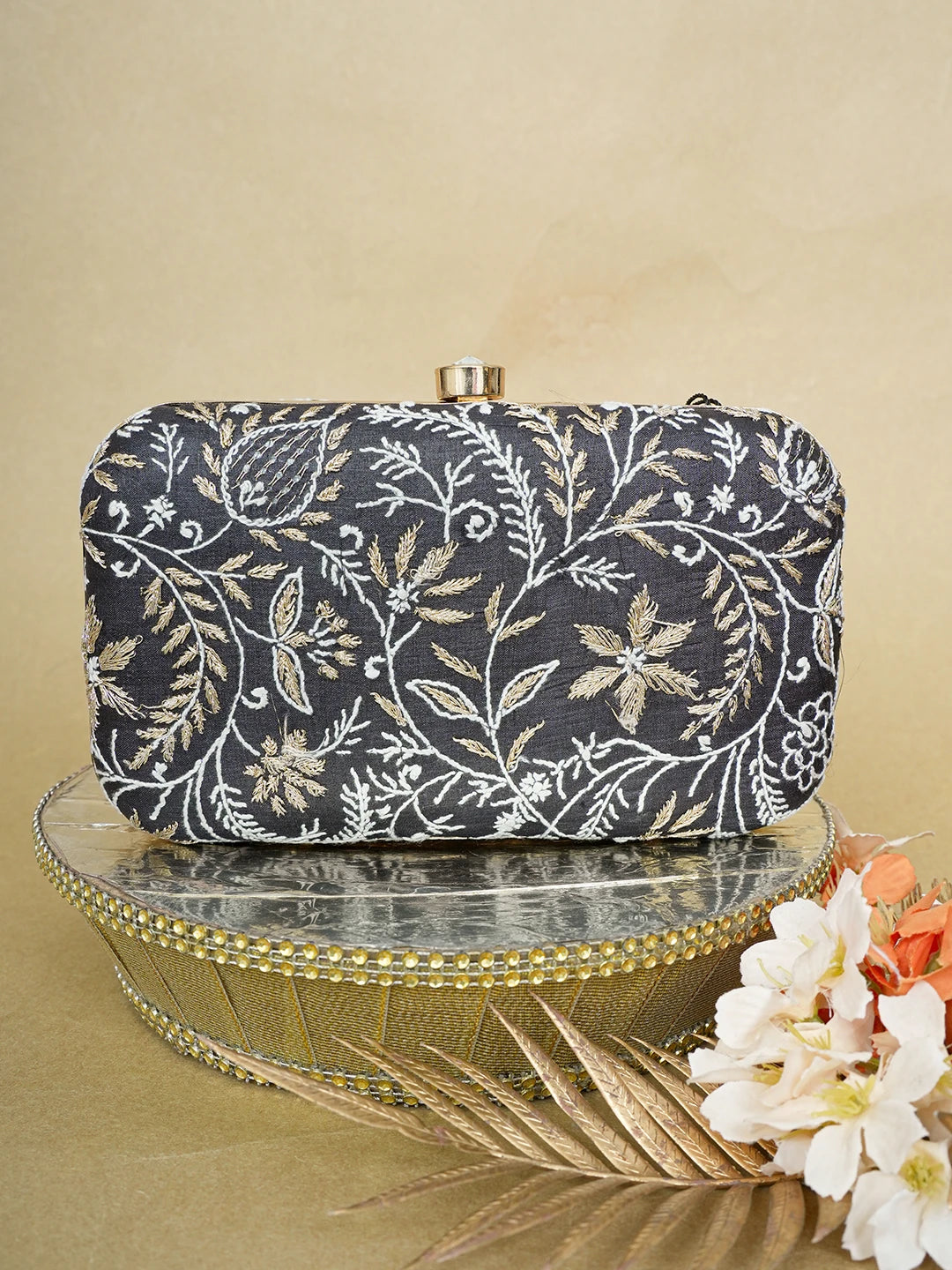 Ada Hand Embroidered Black Silk Lucknowi Chikankari Clutch With Zari Work 01A649305