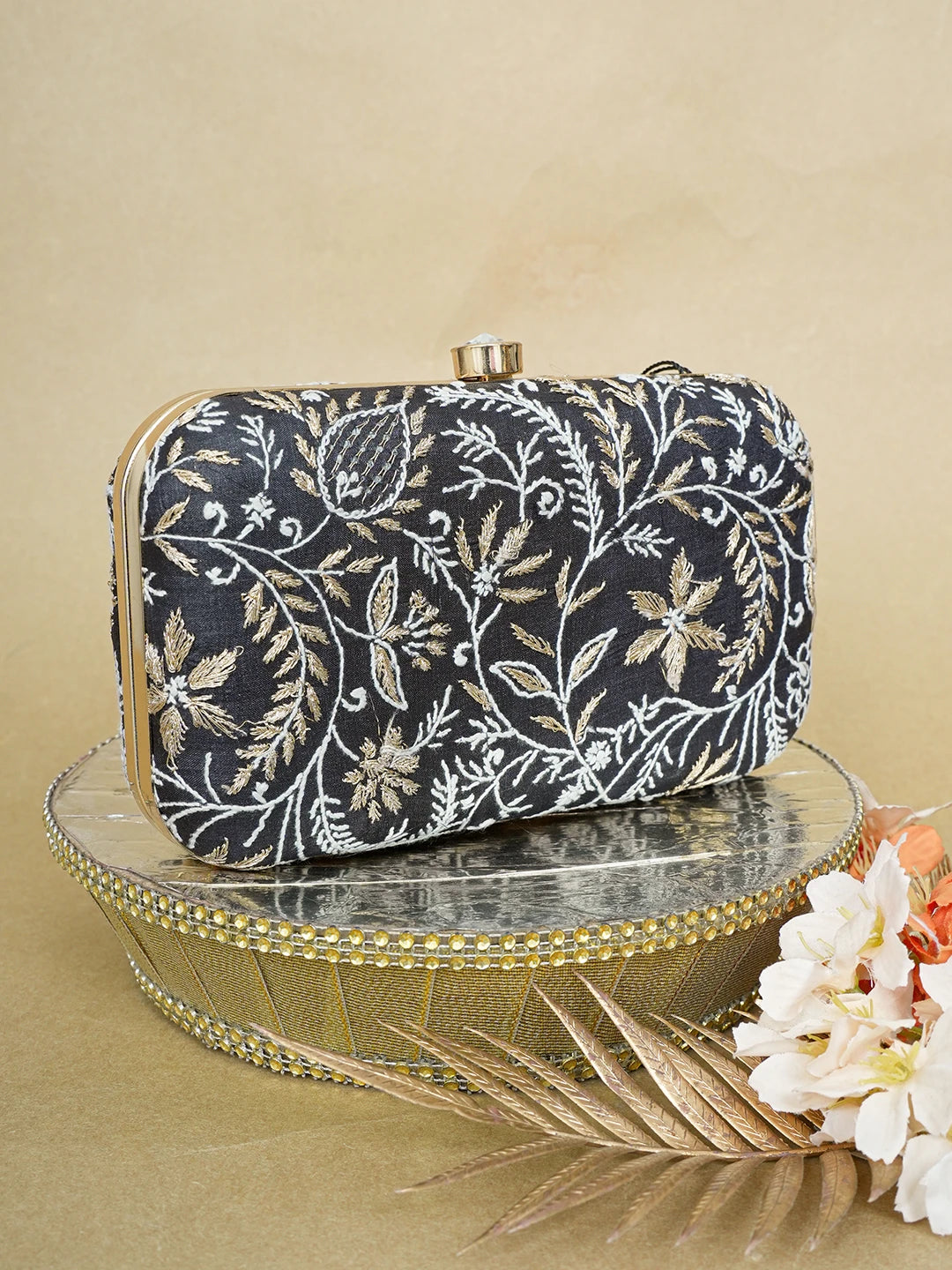 Ada Hand Embroidered Black Silk Lucknowi Chikankari Clutch With Zari Work 01A649305