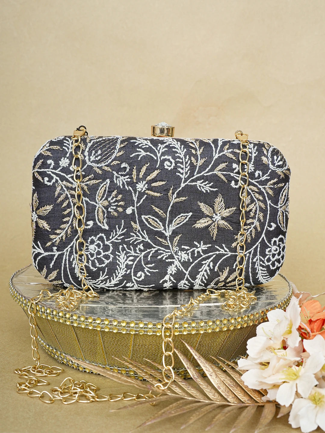 Ada Hand Embroidered Black Silk Lucknowi Chikankari Clutch With Zari Work 01A649305