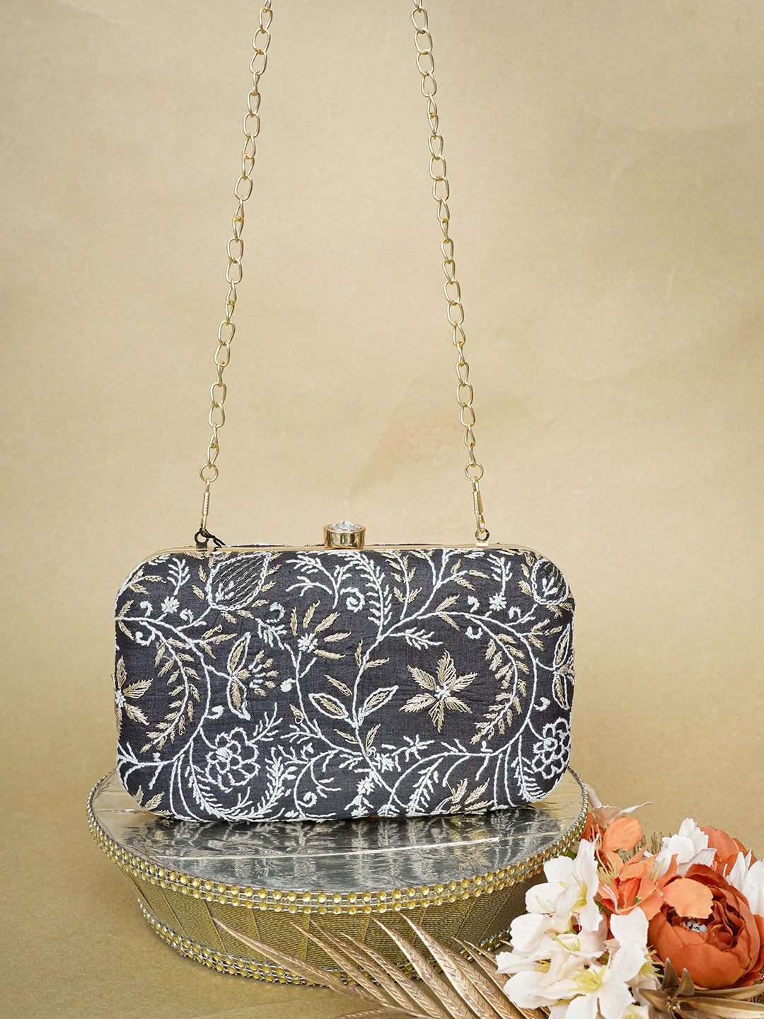 Ada Hand Embroidered Black Silk Lucknowi Chikankari Clutch With Zari Work 01A649305