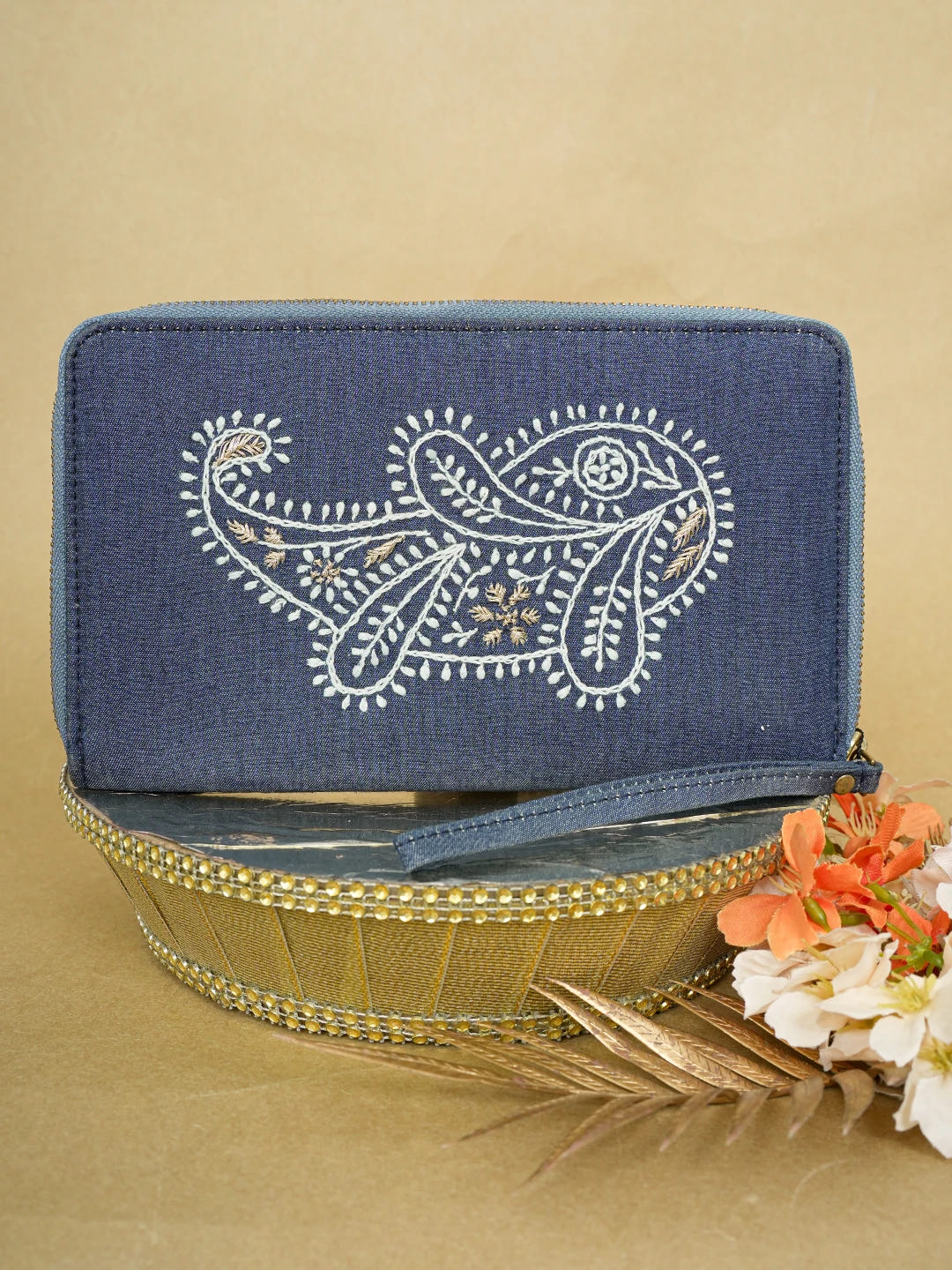 Ada Hand Embroidered Navy Blue Denim Lucknowi Chikankari Wallet With Zari Work 01A639249