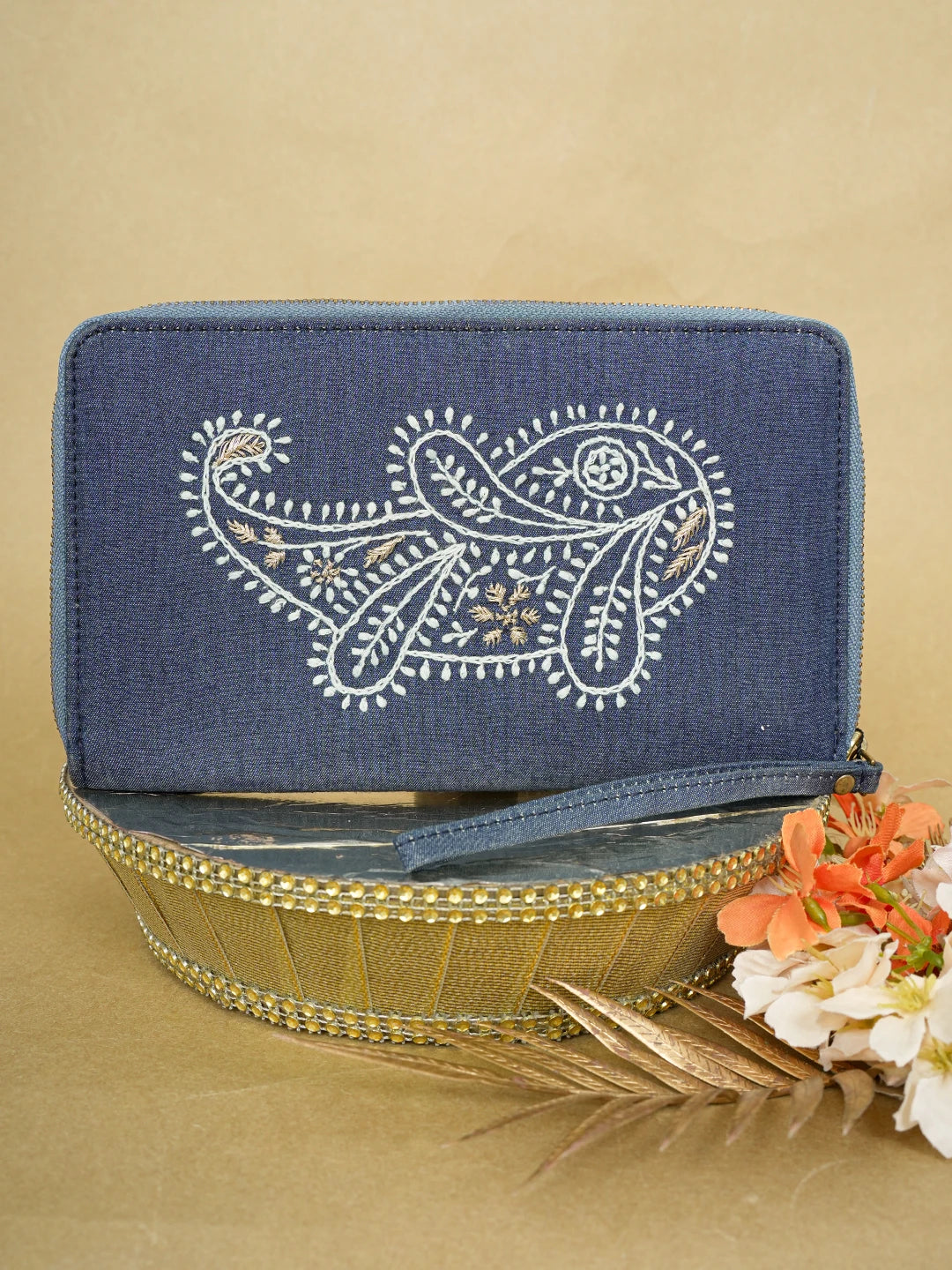 Ada Hand Embroidered Navy Blue Denim Lucknowi Chikankari Wallet With Zari Work 01A639249