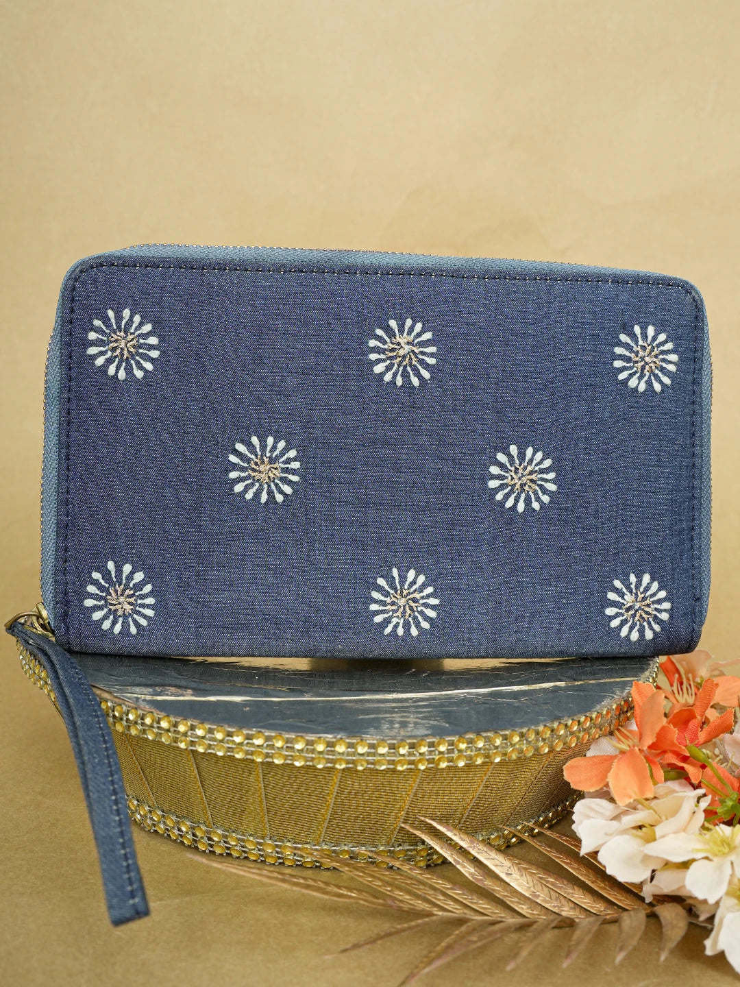 Ada Hand Embroidered Navy Blue Denim Lucknowi Chikankari Wallet With Zari Work 01A639249