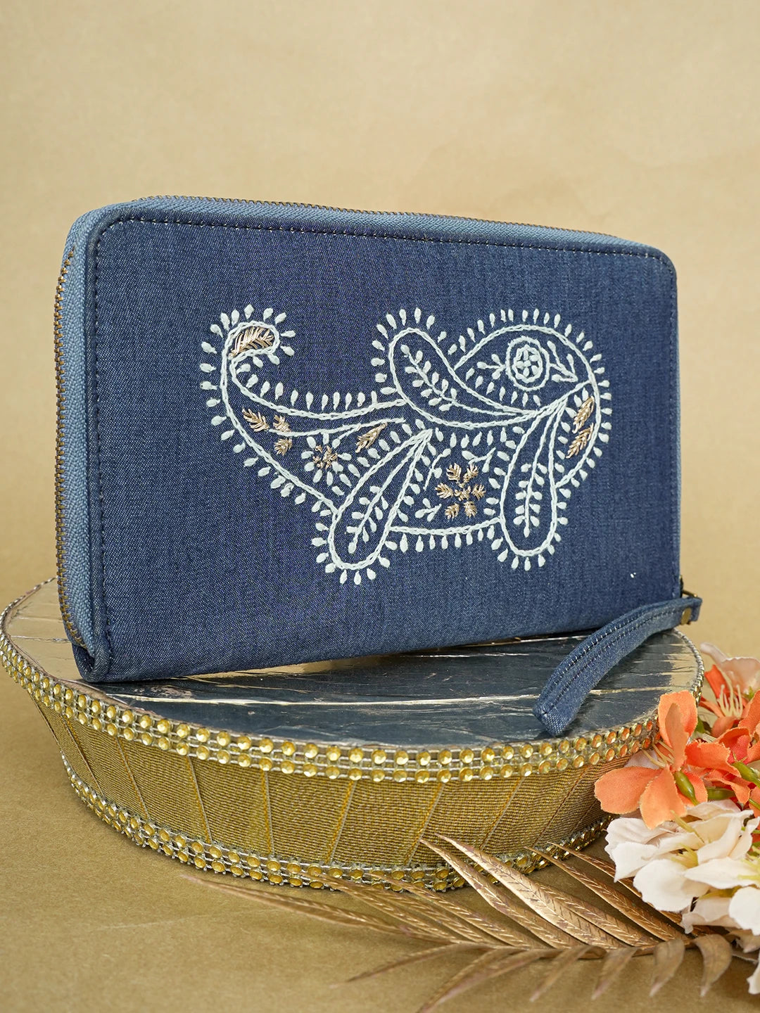Ada Hand Embroidered Navy Blue Denim Lucknowi Chikankari Wallet With Zari Work 01A639249