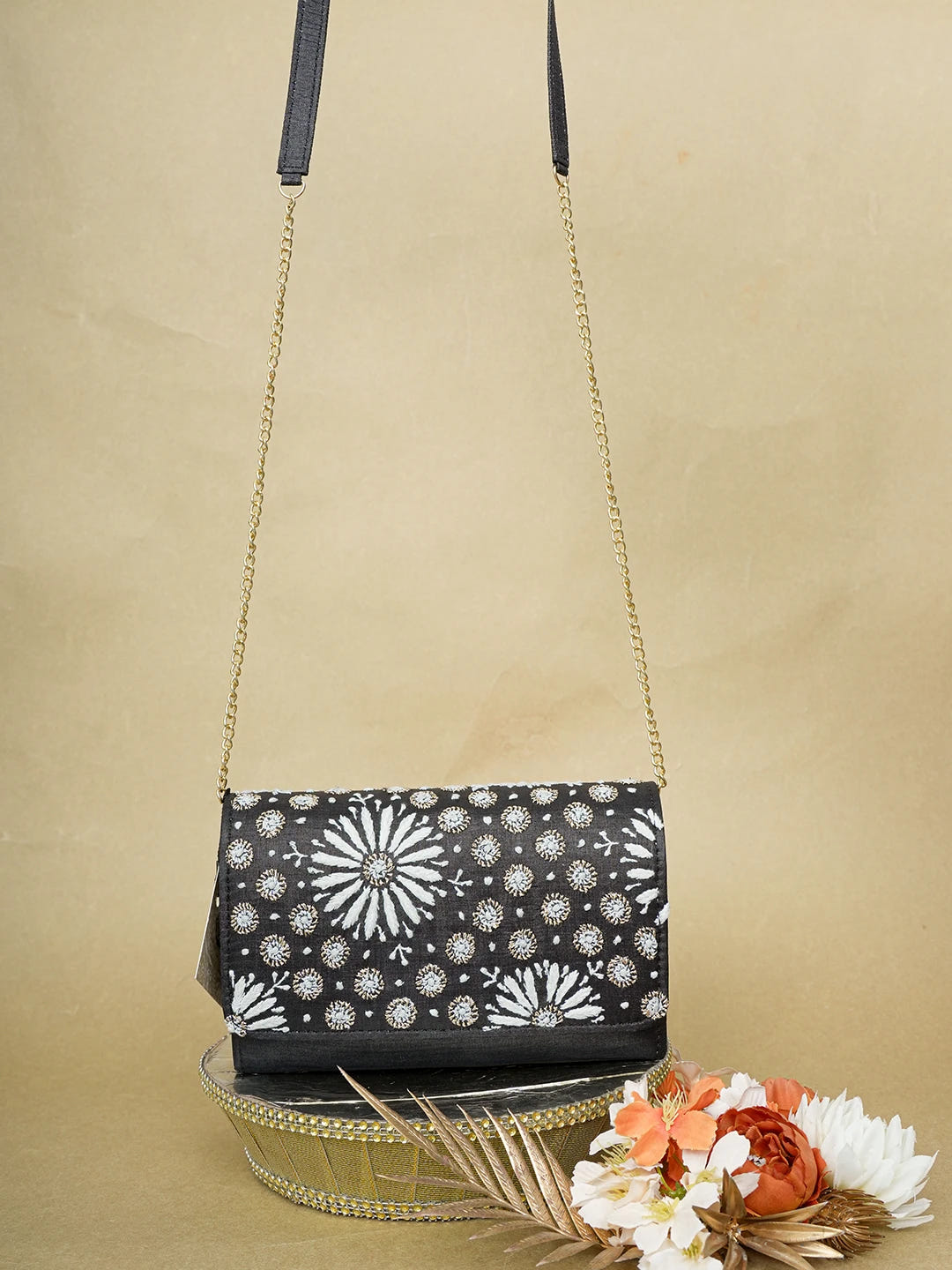 Ada Hand Embroidered Black Silk Lucknowi Chikankari Clutch With Zari Work 01A636446